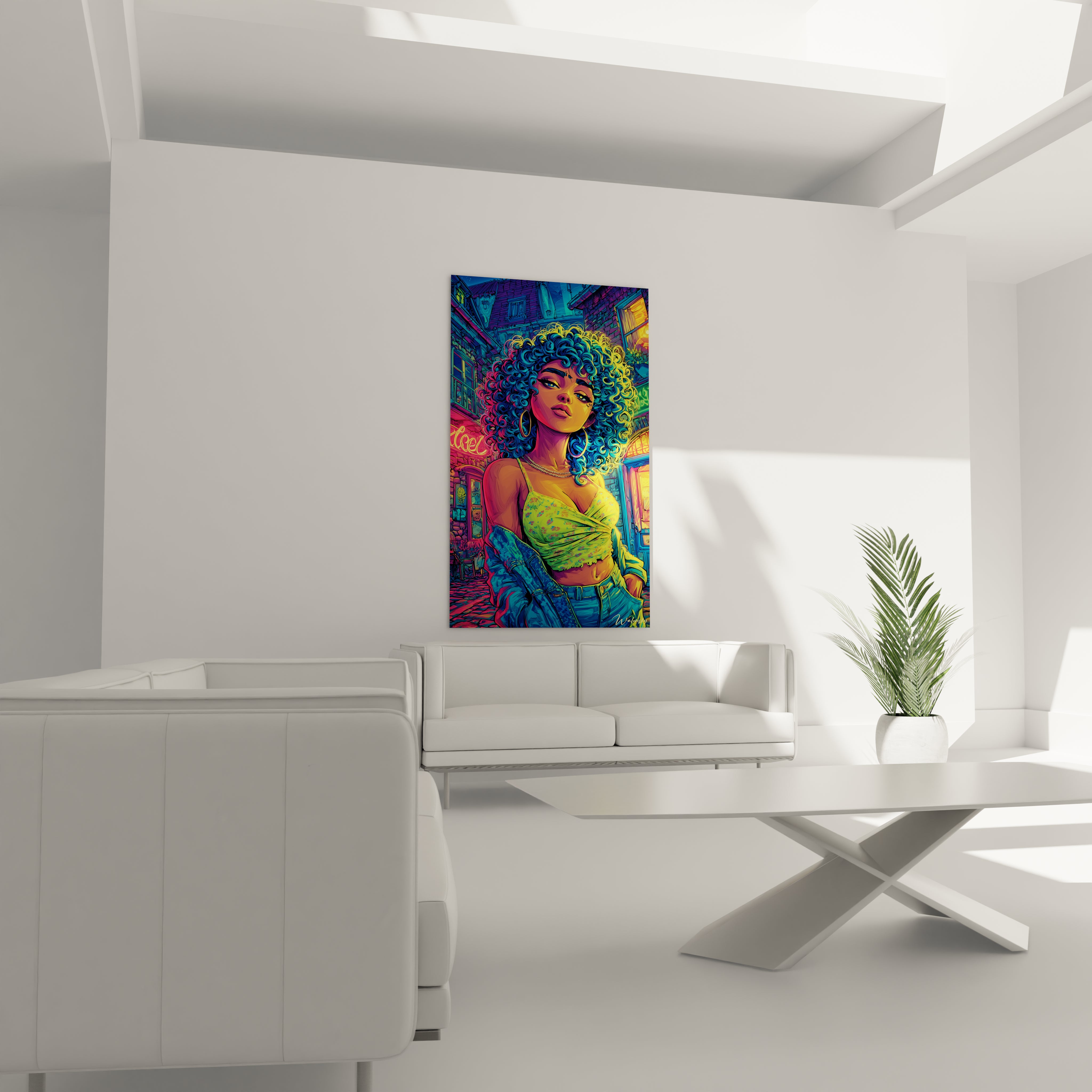 Gros plan tableau art digital femme afro cheveux multicolores style comic book urbain