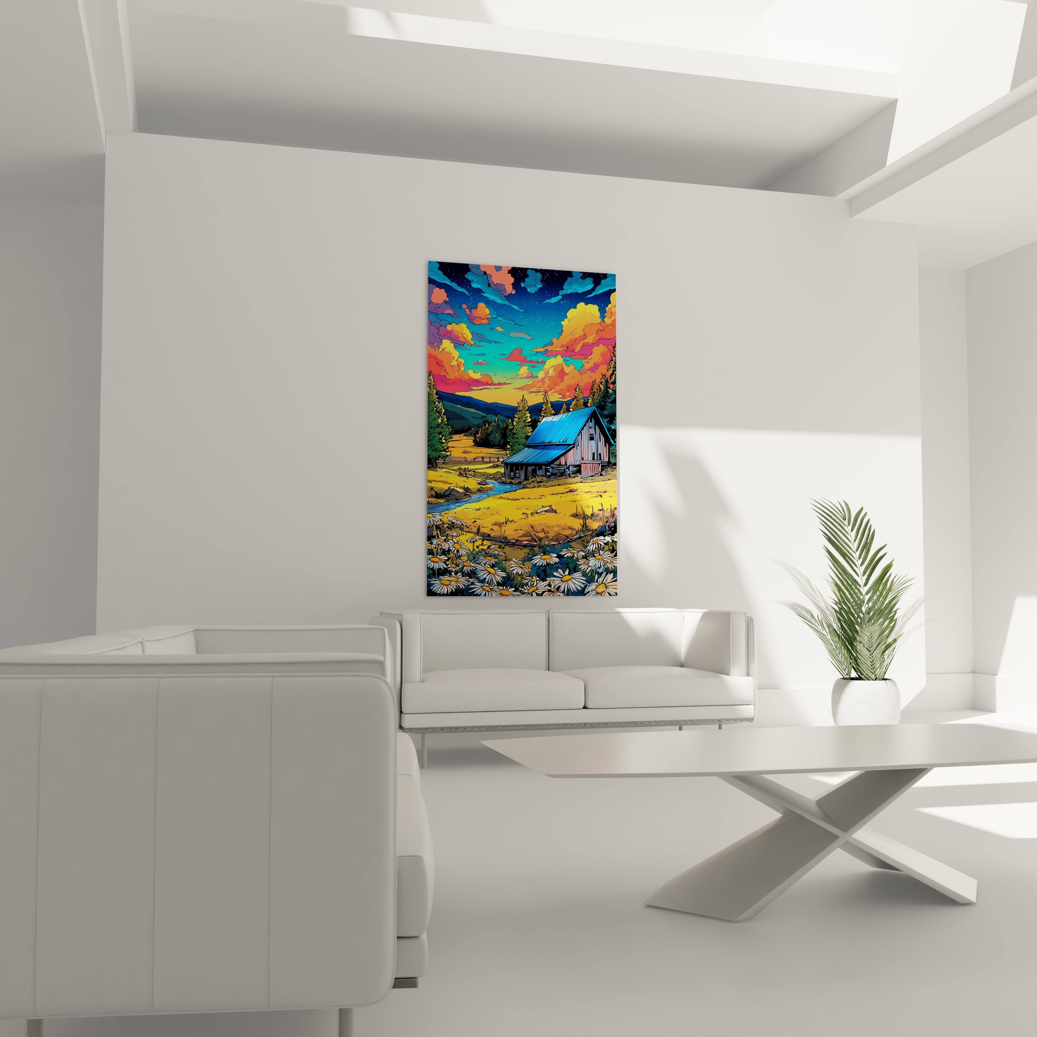 Gros plan tableau ferme traditionnelle coucher de soleil, détails illustration bande dessiné colorée