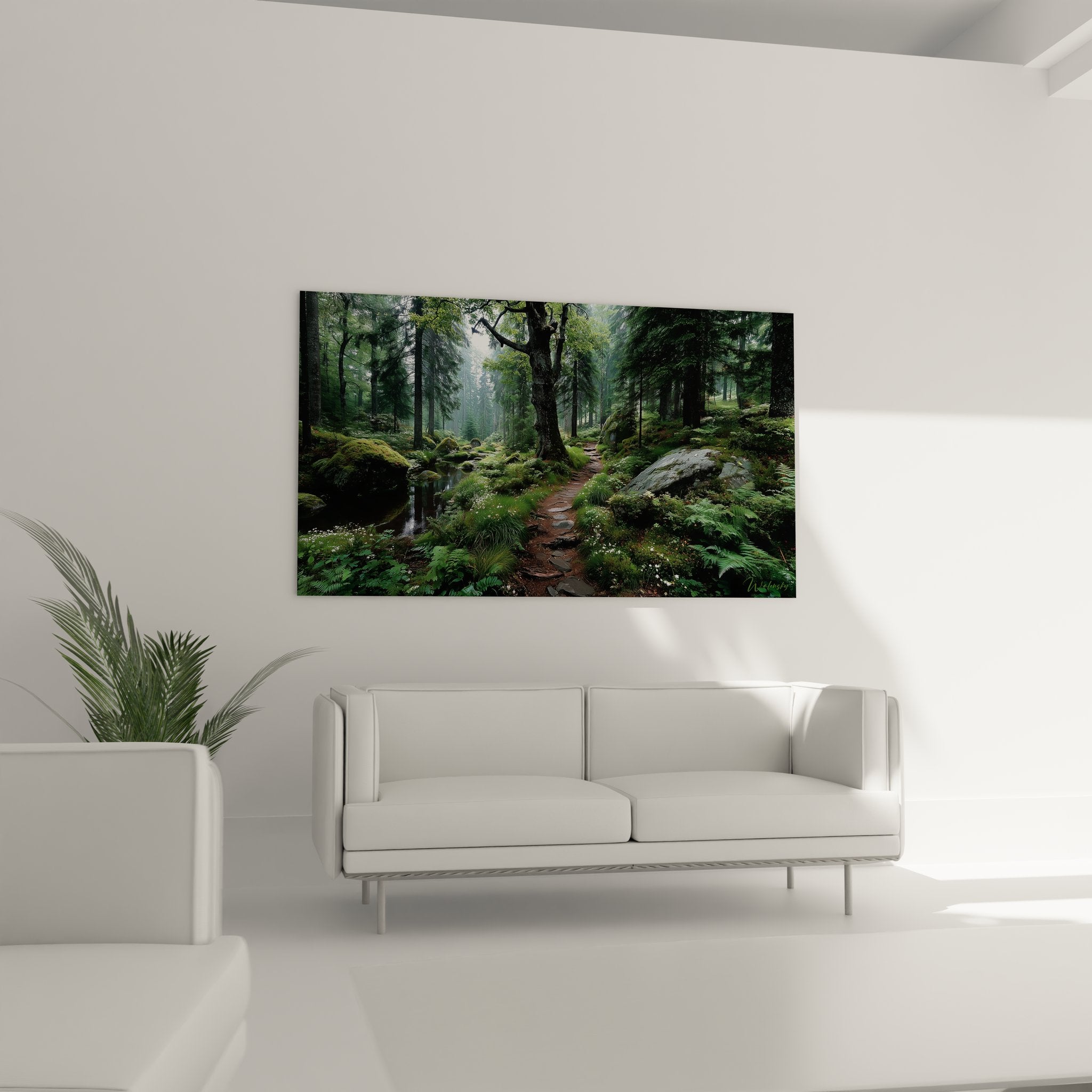 Gros plan tableau forêt mystique détaillant mousses, fougères et rochers du sentier forestier