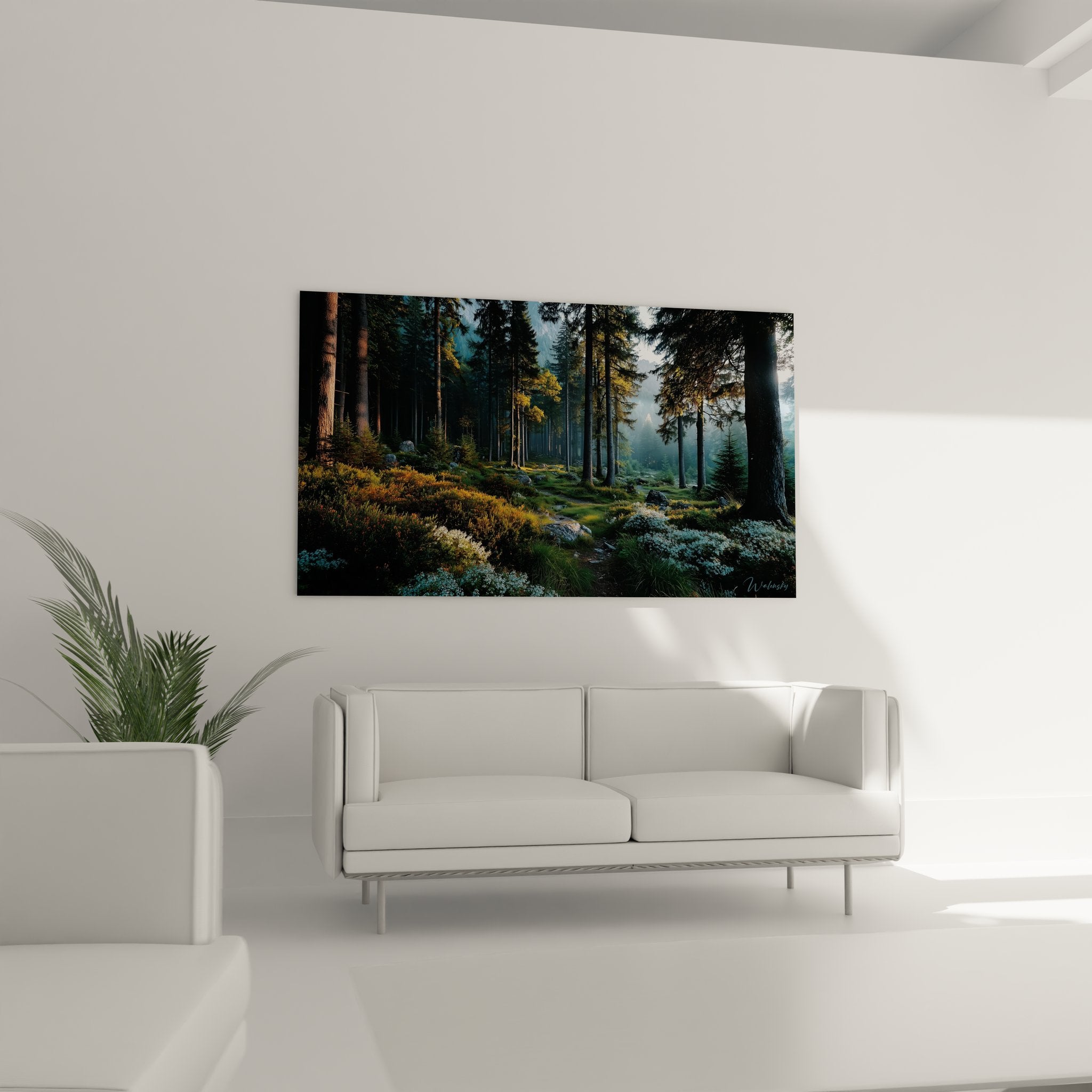 Gros plan tableau forêt détails végétation mousses lichens rayons soleil conifères