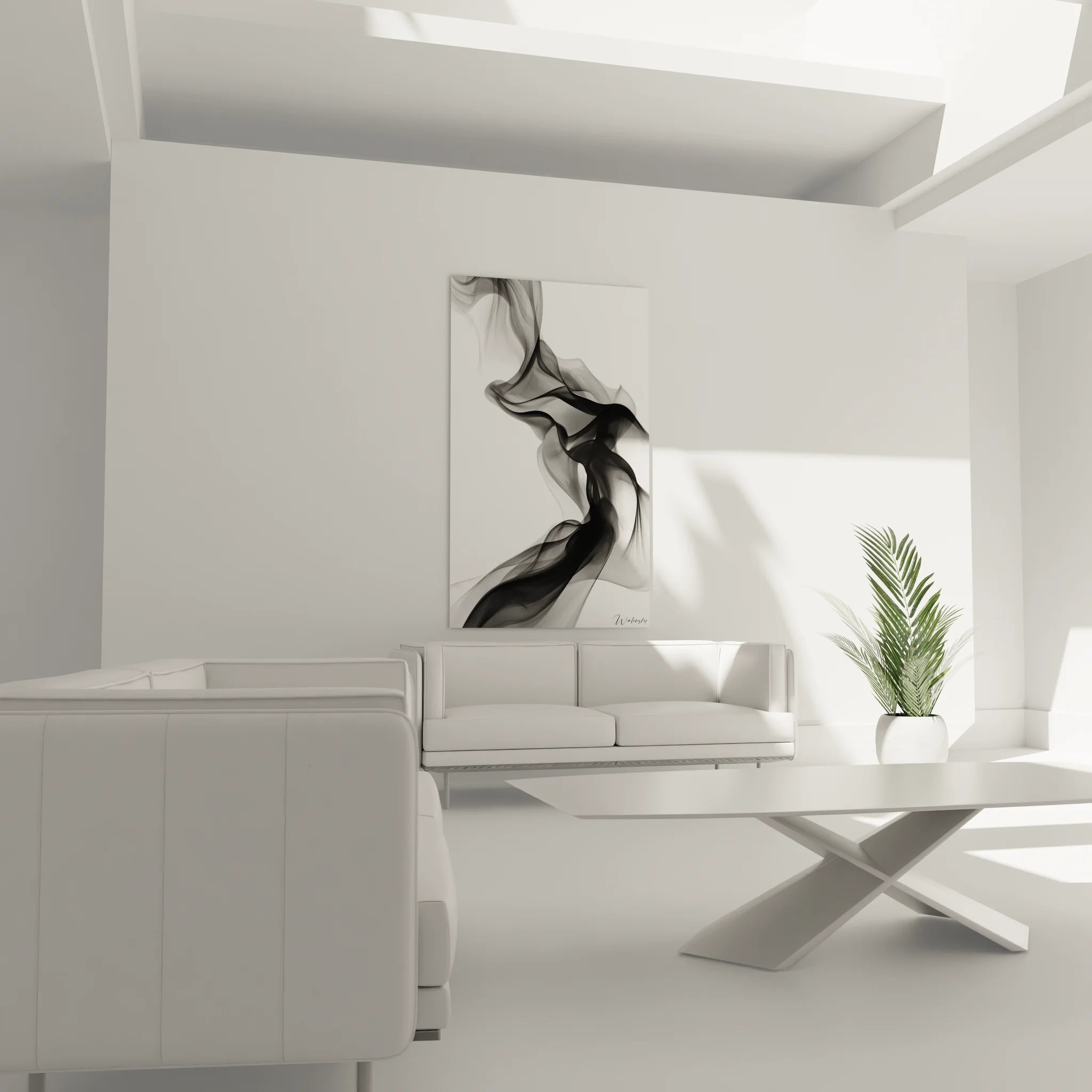 Gros plan tableau fumée abstraite noir blanc détails volutes nuances gris art mural contemporain