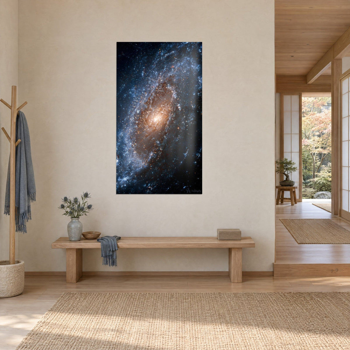 Wall art spiral star cluster, glowing amber heart on a midnight-blue background, three-quarter view, wooden bench, Japandi hallway