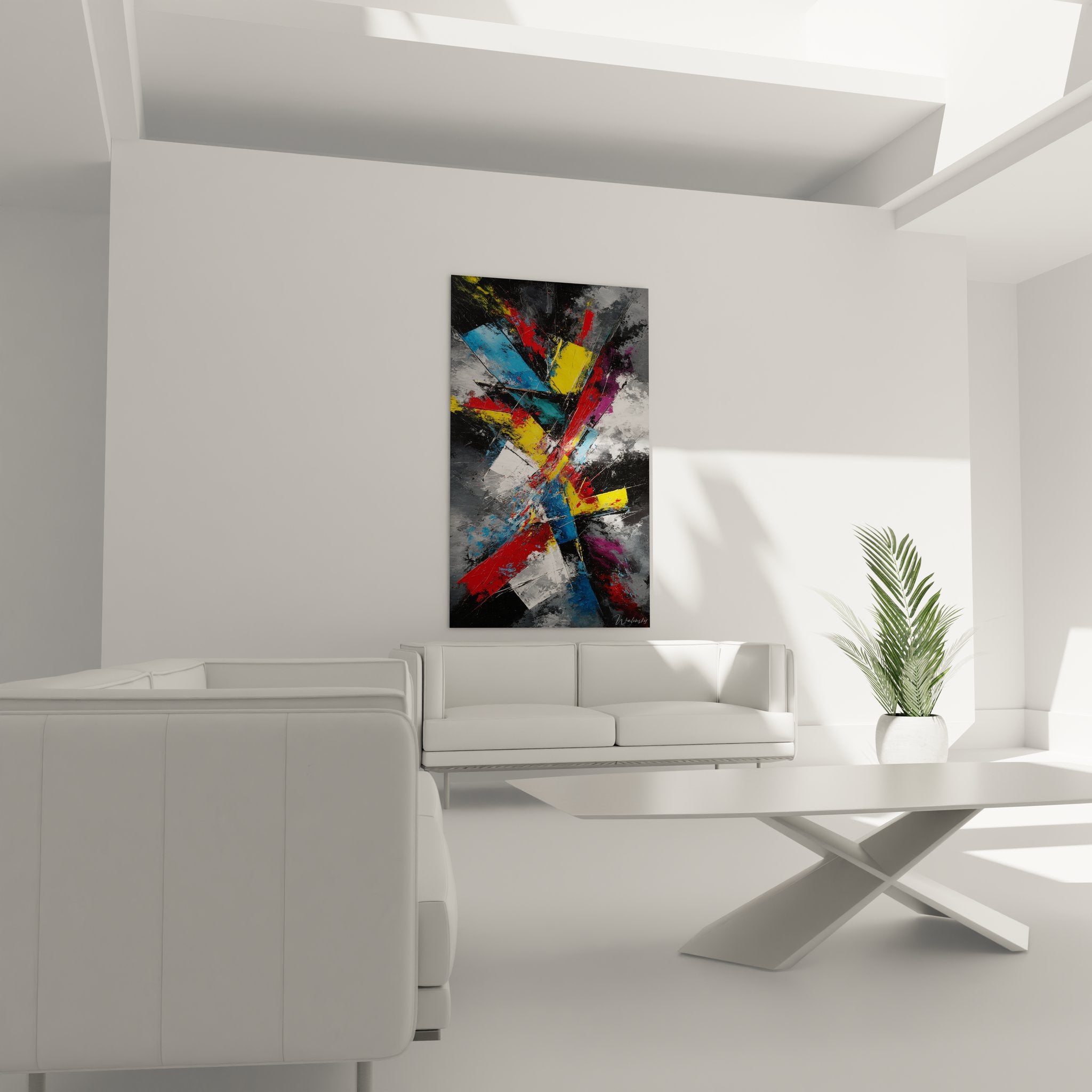 Gros plan tableau géométrique abstrait détails textures couleurs vives formes dynamiques art moderne