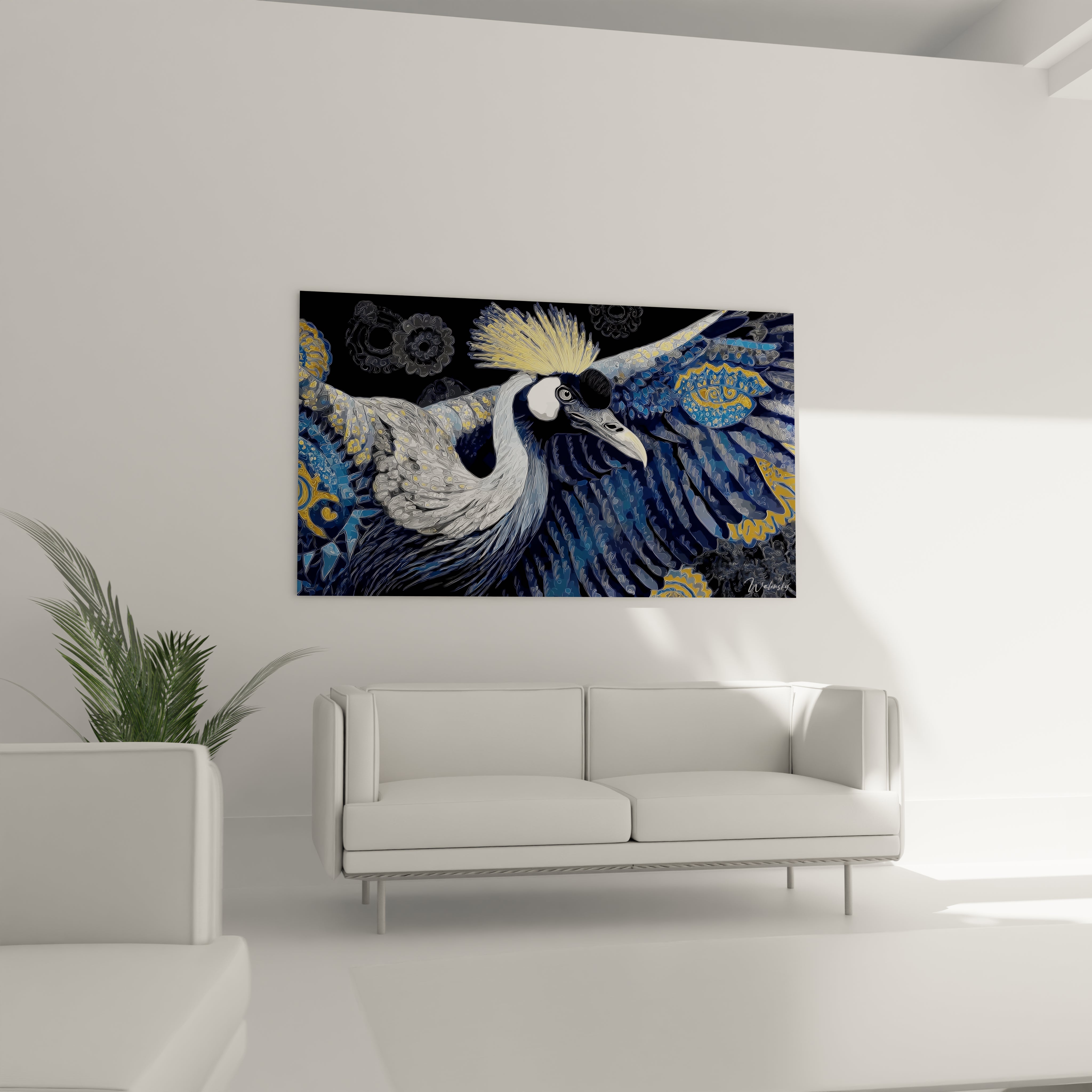 Gros plan tableau grue couronnée, détails plumes et couronne dorée, art mural haute qualité