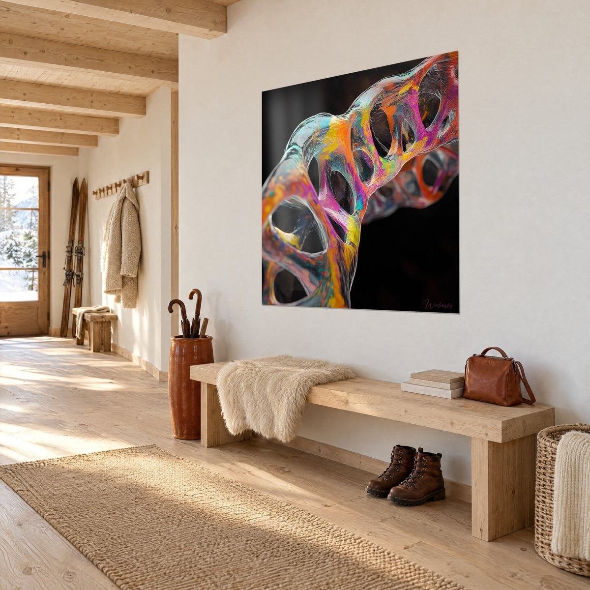 Gemälde einer genetischen Spirale mit dunklen ovalen Waben, magentafarbenen, türkisen und ockerfarbenen Schnörkeln auf schwarzem Grund, weiße Wand eines Flurs aus hellem Holz