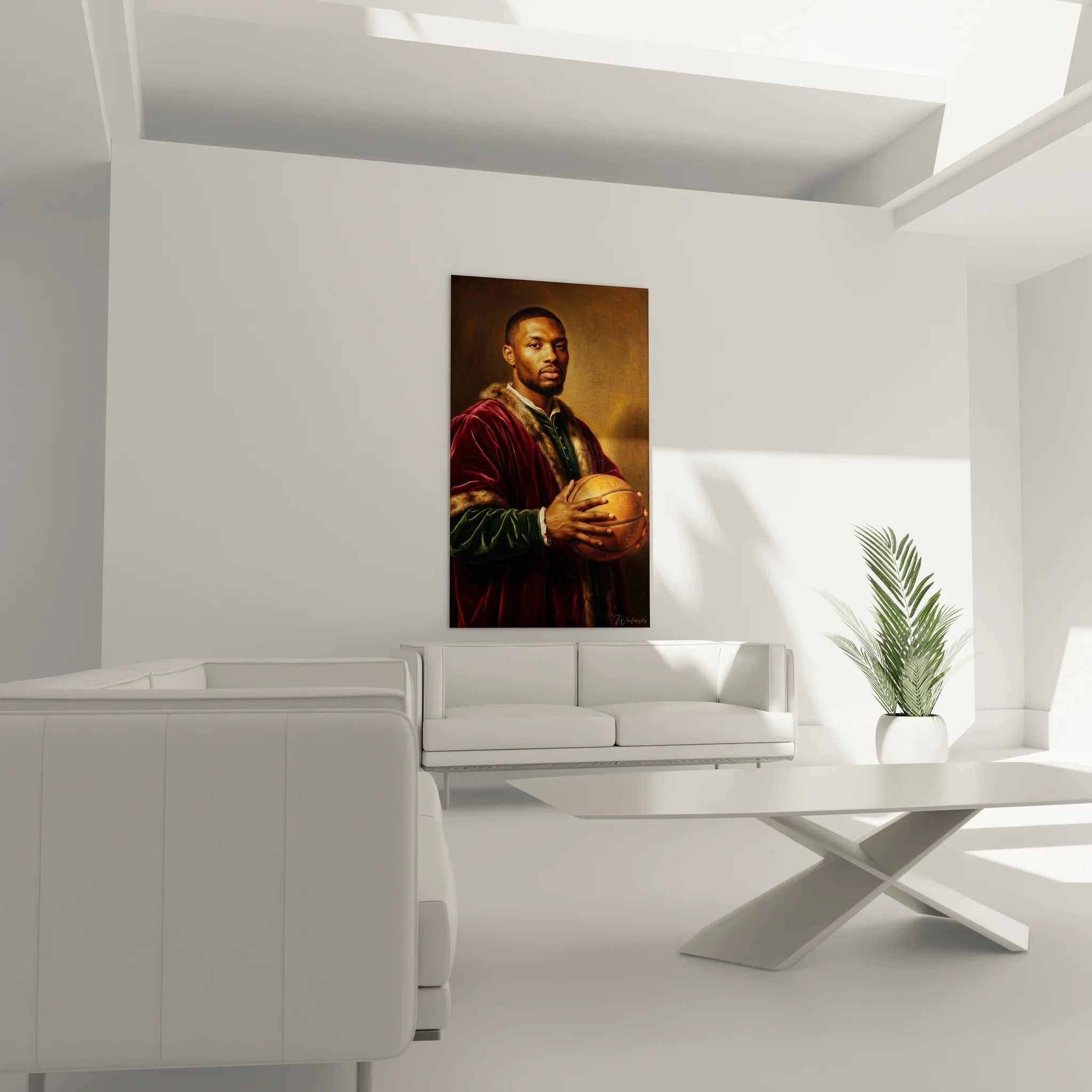 Gros plan tableau portrait joueur basketball en costume velours renaissance