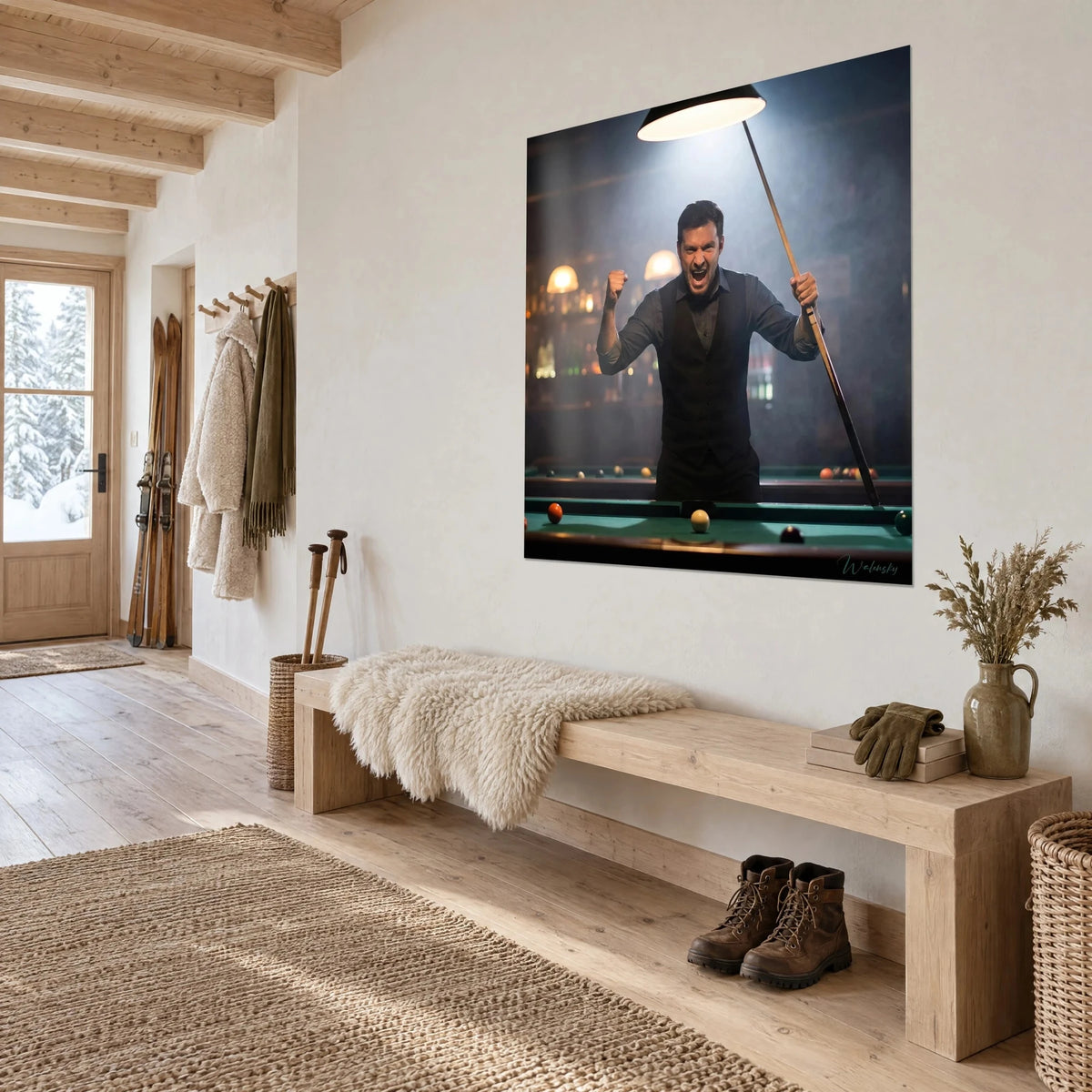 Wall art champion roaring his victory, cue raised high, white lamp and emerald felt, hung at a three-quarter angle in a chalet