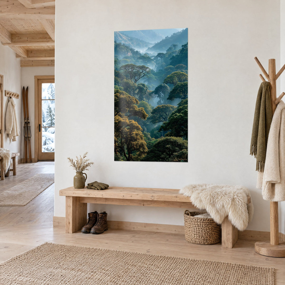 Wall art mystical canopy with sprawling trees, petrol blue background and mustard yellow foliage, white wall of a chalet