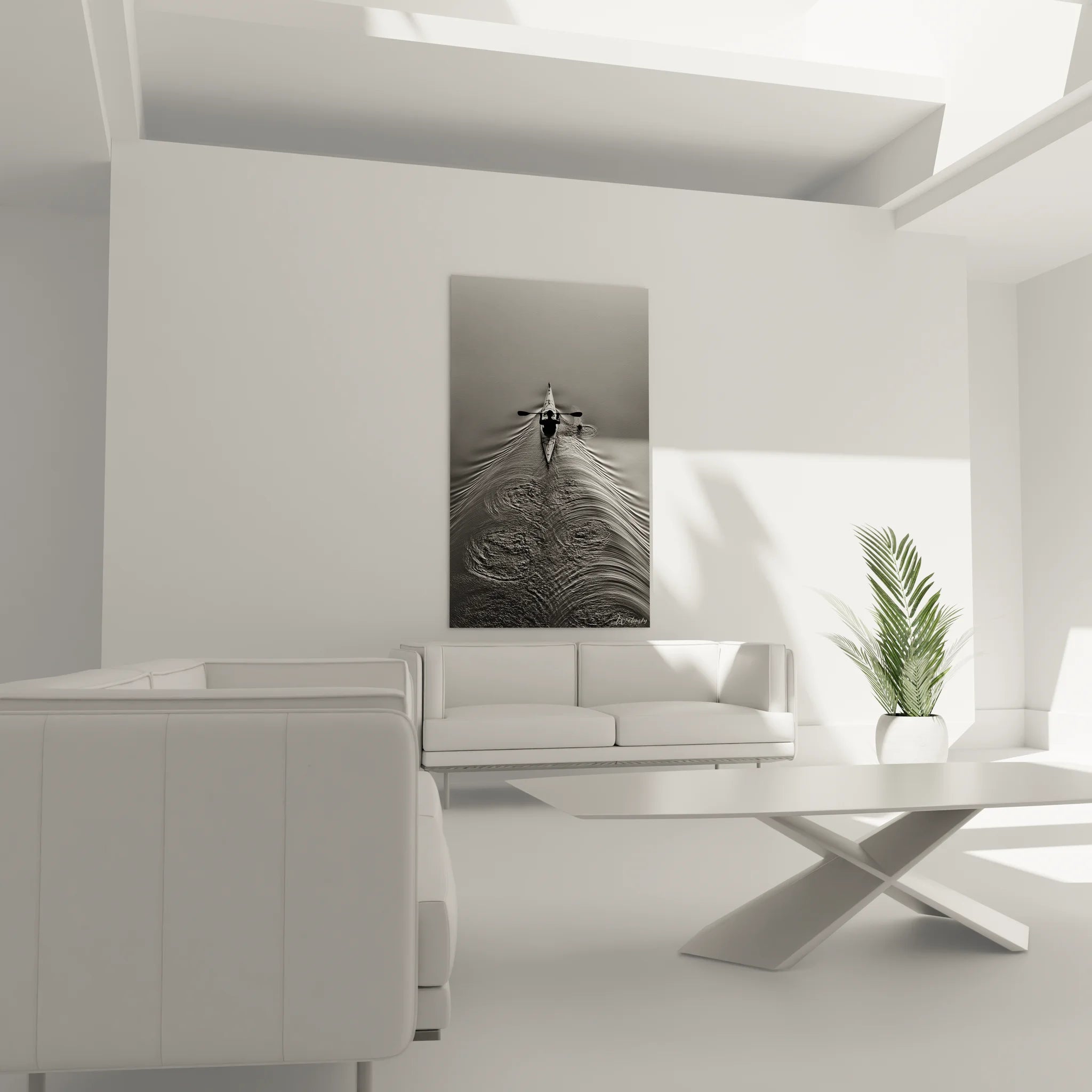 Gros plan tableau kayak artistique, détails sillage noir et blanc, art photographique sportif