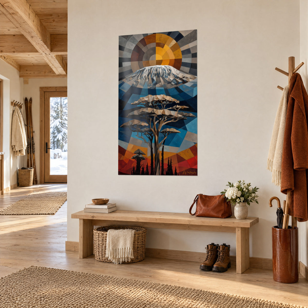 Quadro vetta innevata in sfaccettature blu notte e bianco, sole radioso ocra, acacie ramate, visto di tre quarti in un ingresso in legno di chalet