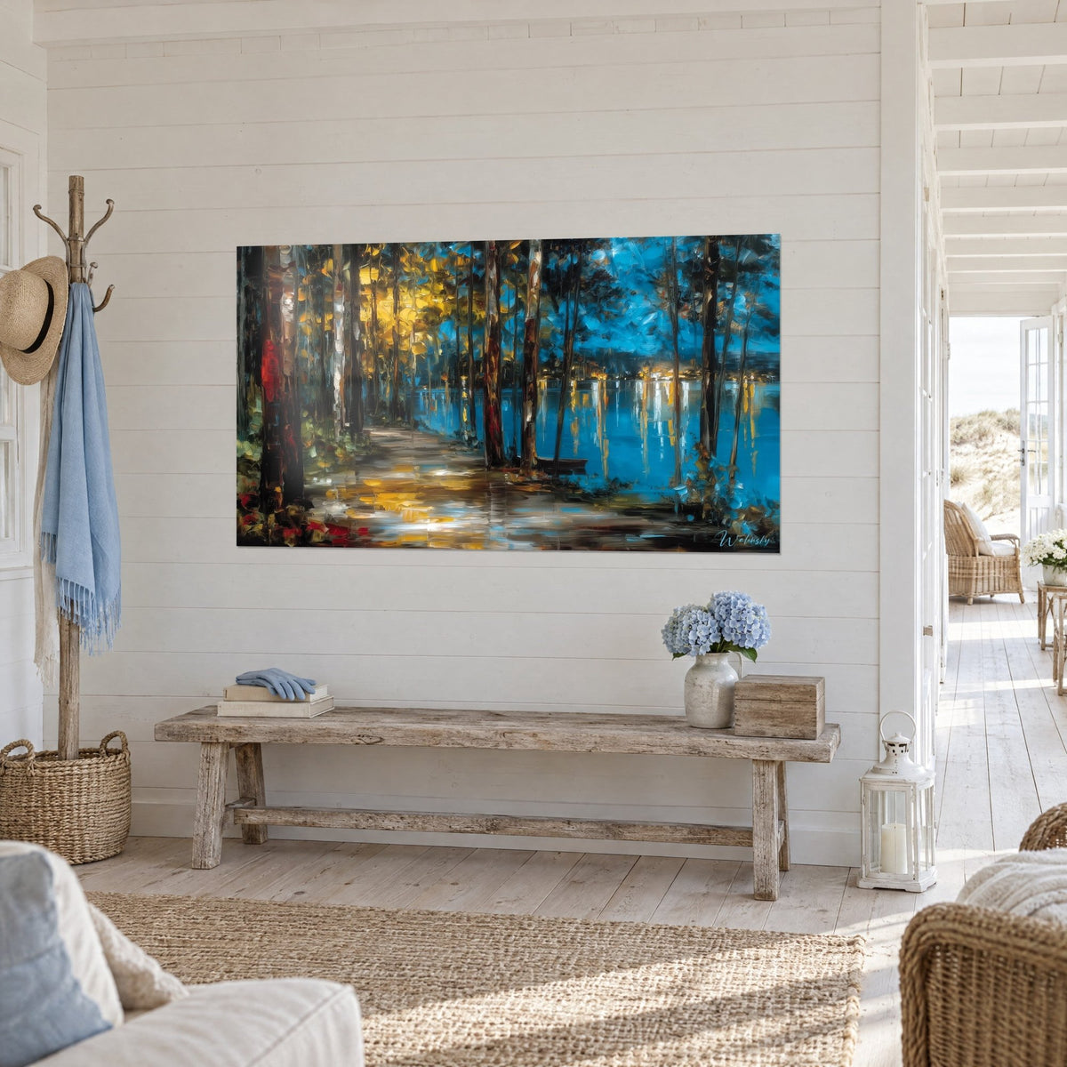 Wall art tree-trunk avenue with red accents, turquoise lake and golden light reflected, hung at a three-quarter view
