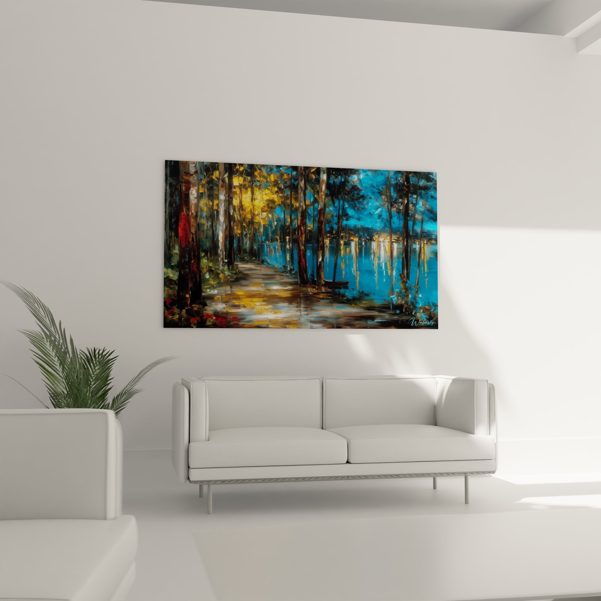 Gros plan tableau paysage lac forêt, détails reflets dorés et technique peinture impressionniste