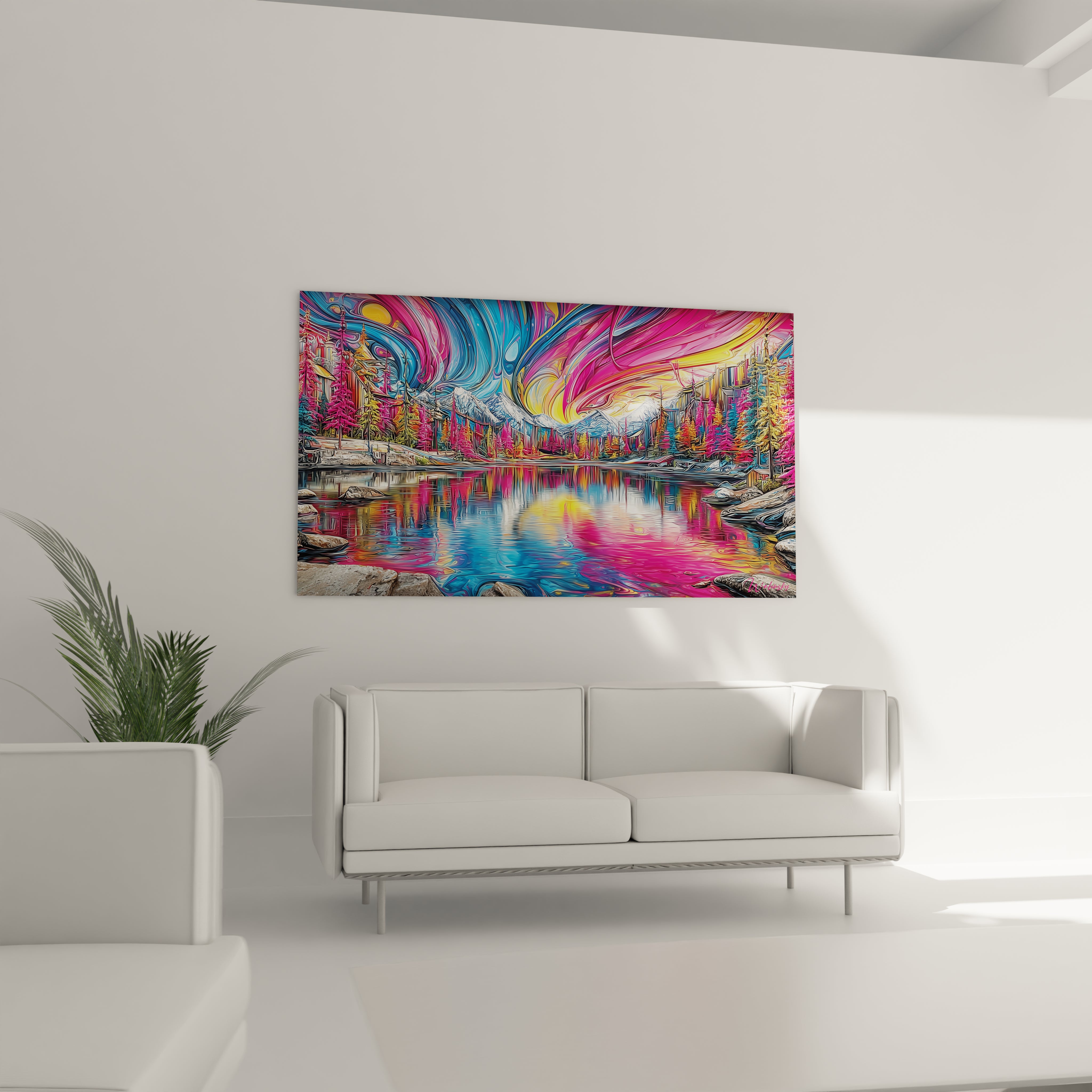 Gros plan détails tableau lac aux reflets colorés montrant technique artistique vibrante