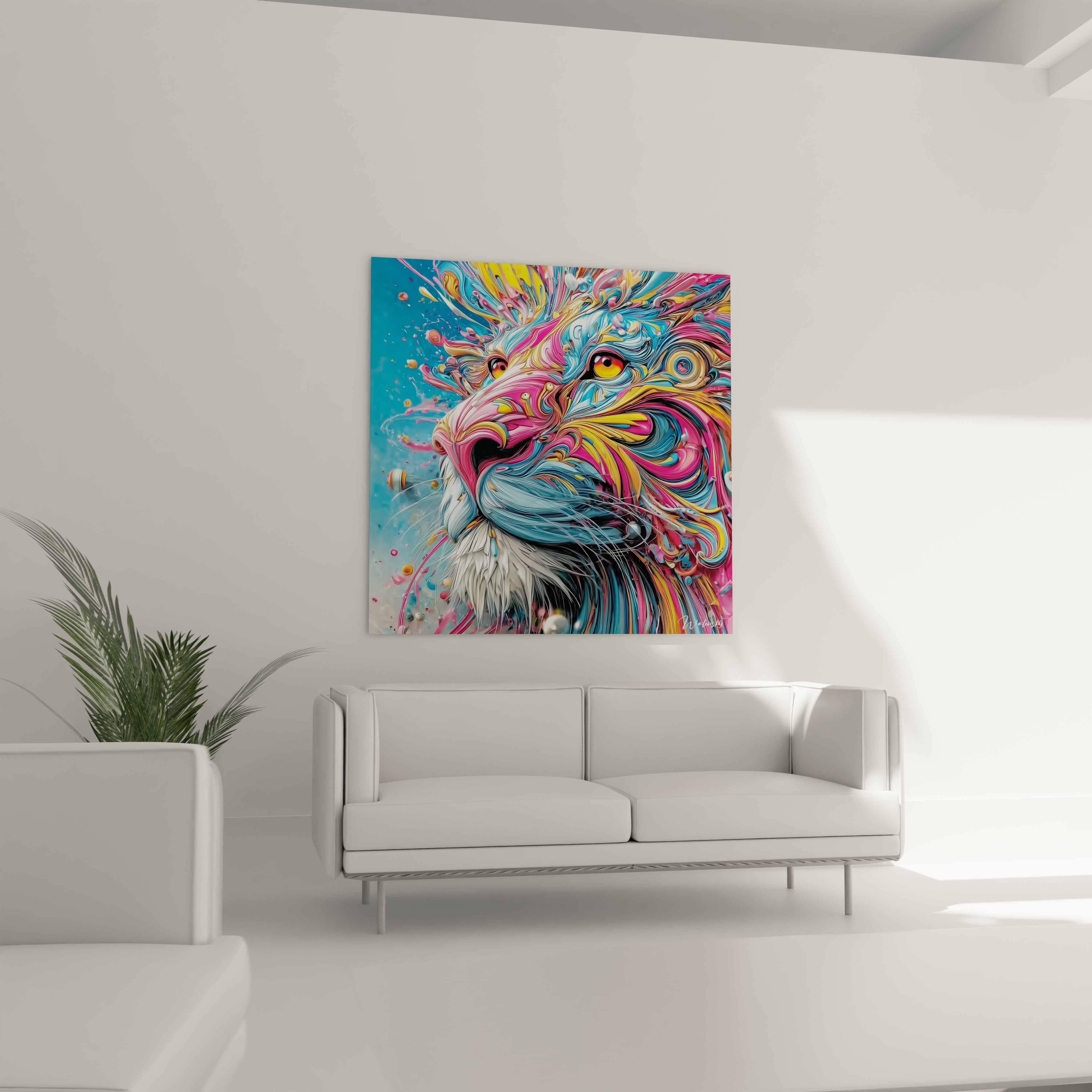 Gros plan détaillé tableau lion psychédélique montrant technique picturale moderne colorée
