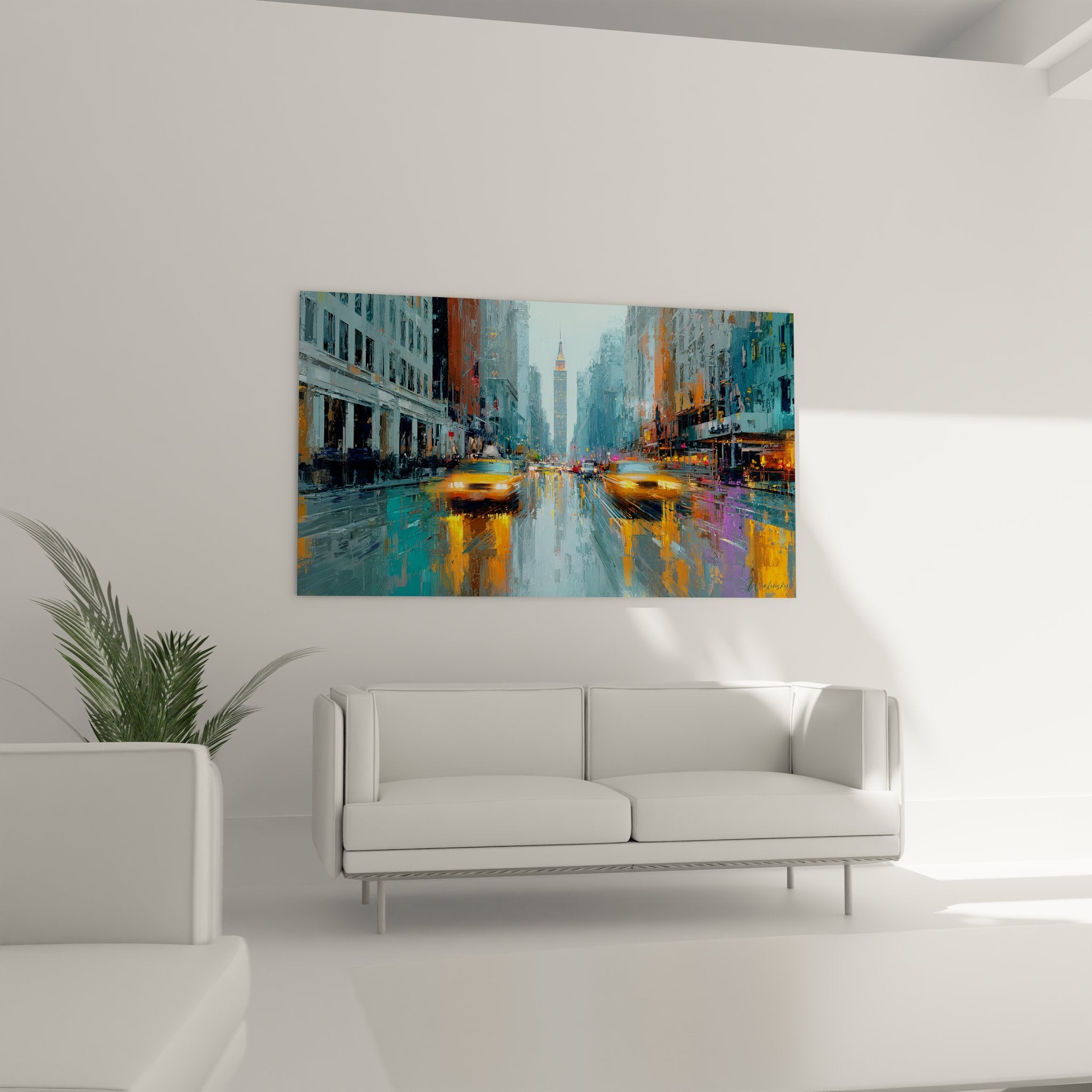 Gros plan tableau Manhattan montrant technique peinture reflets urbains et couleurs vives sur asphalte