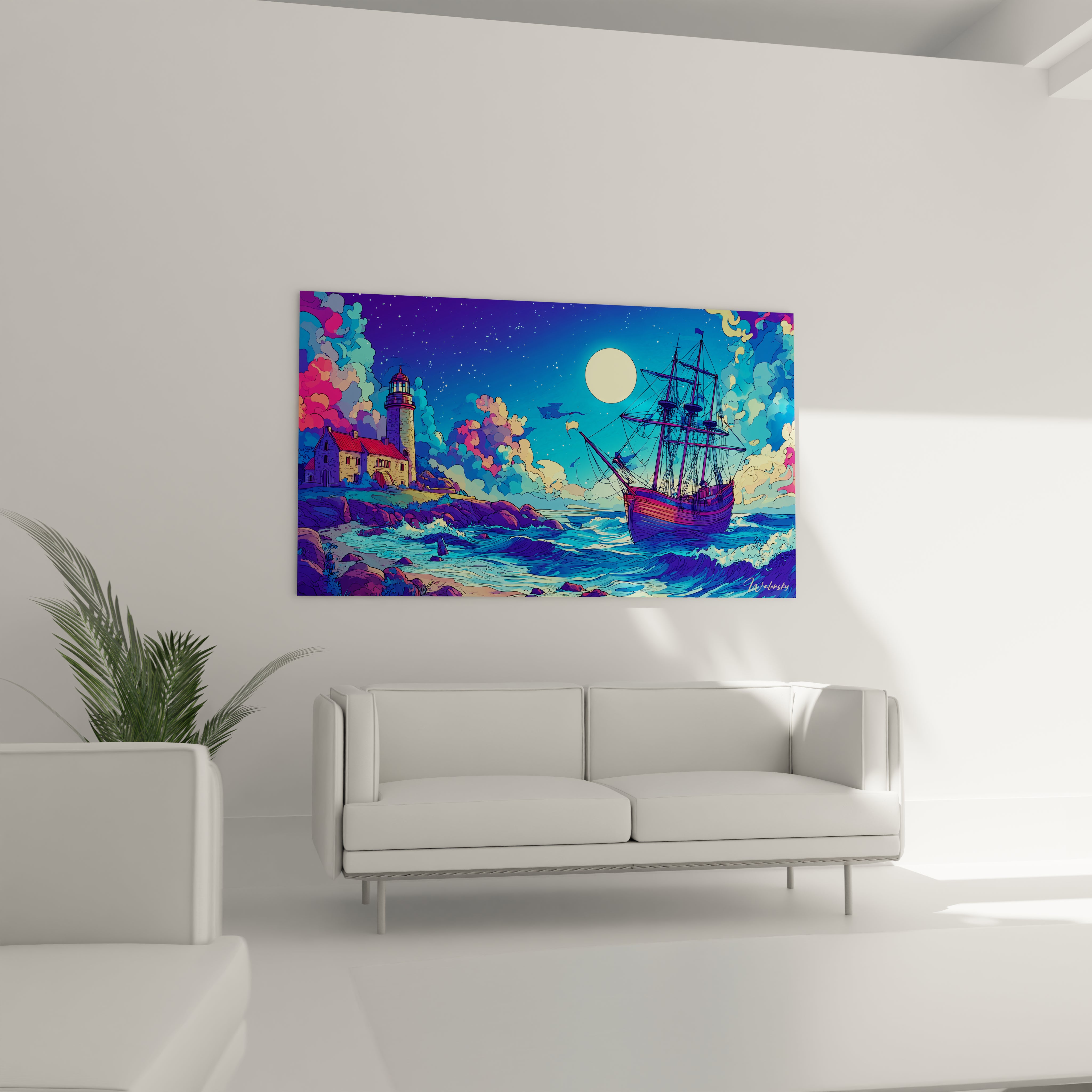 Gros plan tableau navire à voiles et phare bande dessinée détails artistiques couleurs vives nocturne
