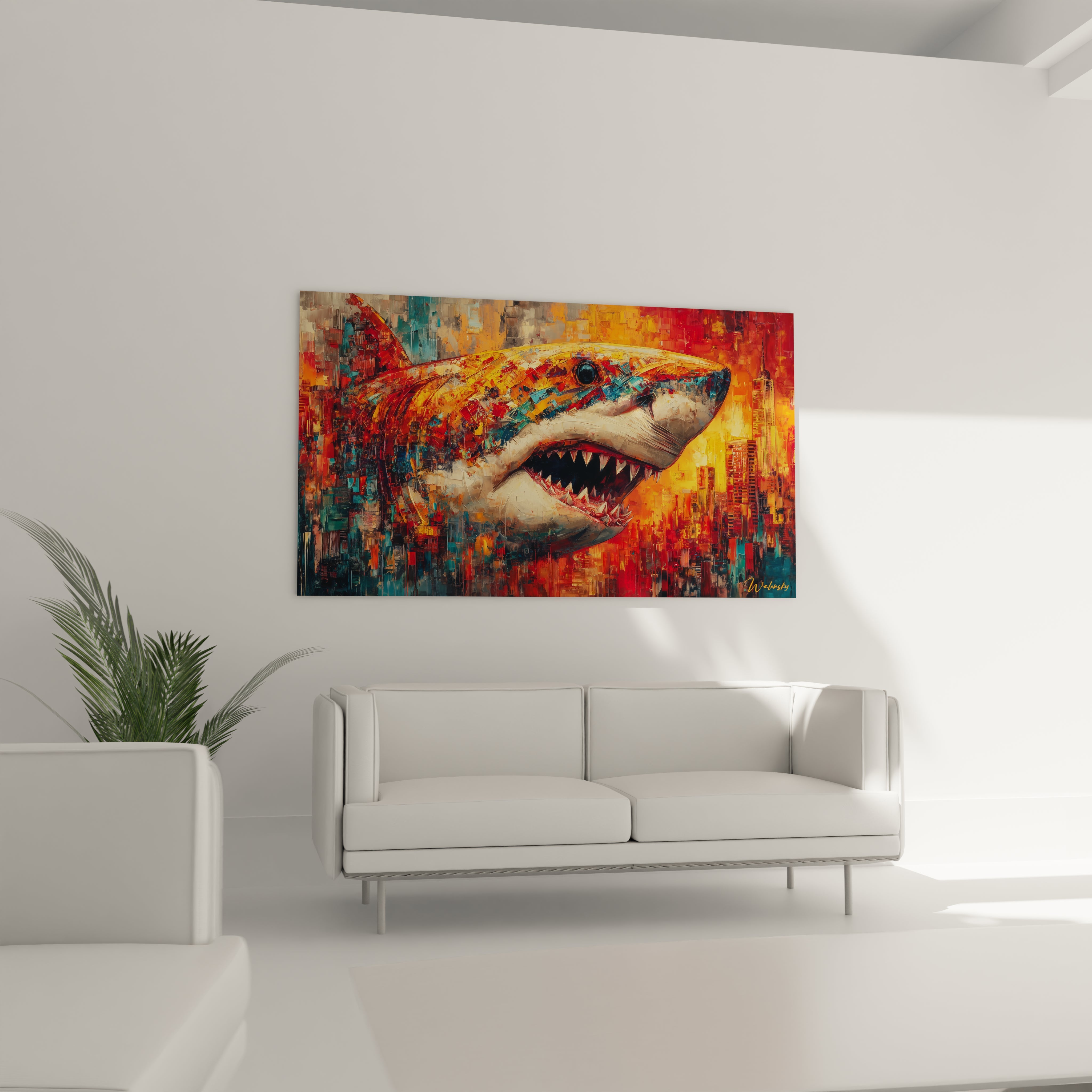 Gros plan détails tableau mégalodon dents acérées peinture expressionniste