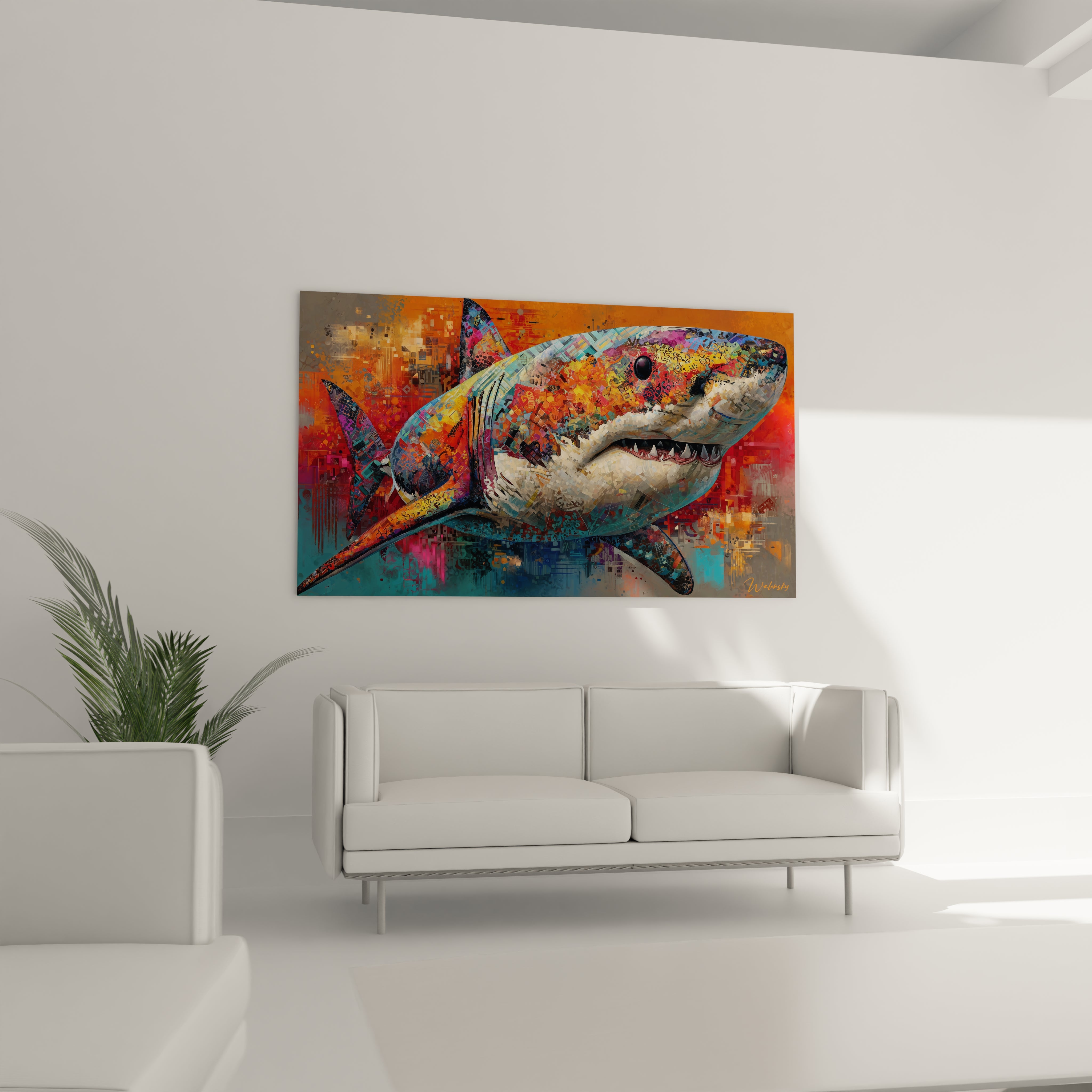 Gros plan tableau mégalodon détails pixellisés couleurs vives art digital requin
