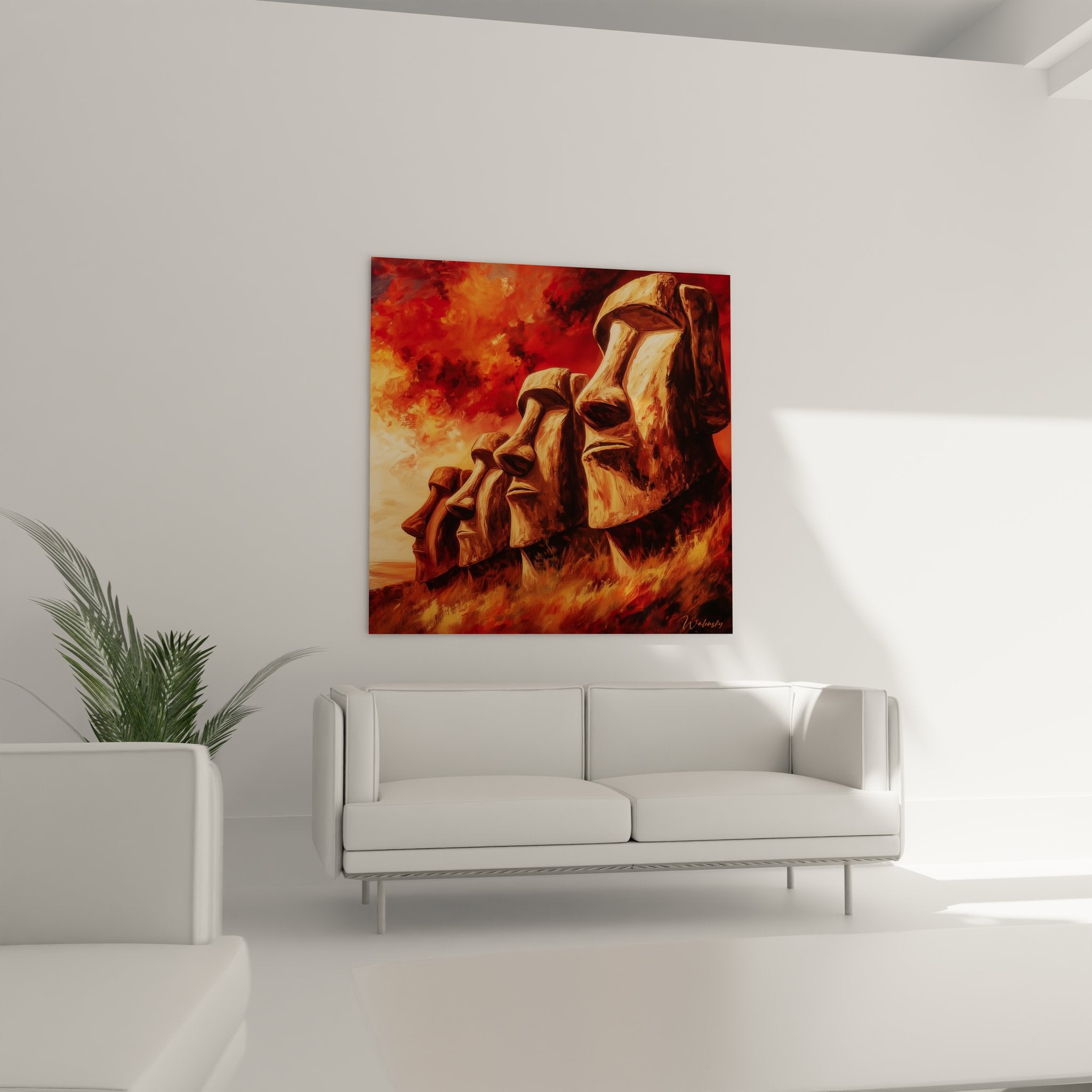 Gros plan tableau Moaï détails sculpture polynésienne couleurs oranges rouges artistique