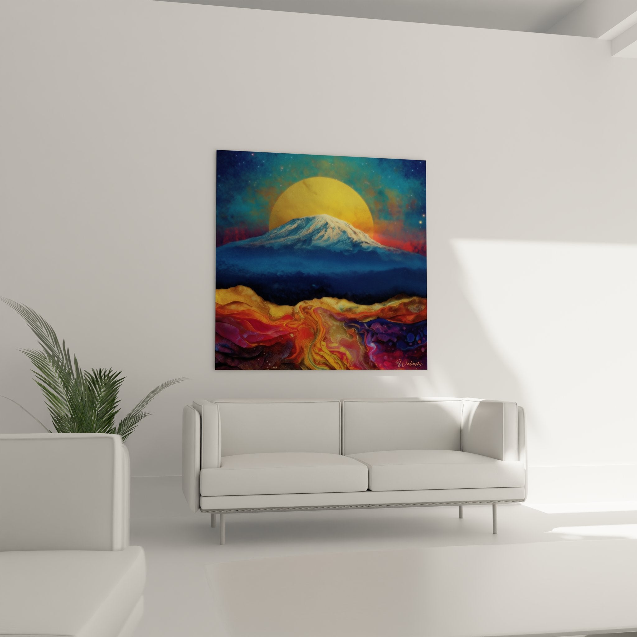 Gros plan détails tableau Mont Fuji, textures montagne enneigée et effets artistiques colorés