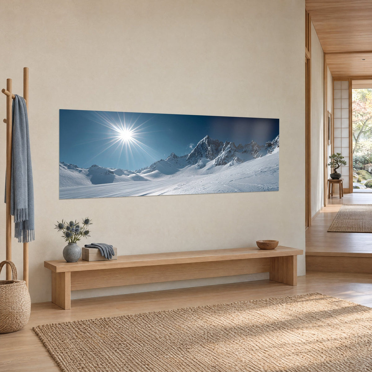 Wall art of a sunlit glacier panorama, white striated slopes and dark rocks under a deep blue sky, three-quarter view