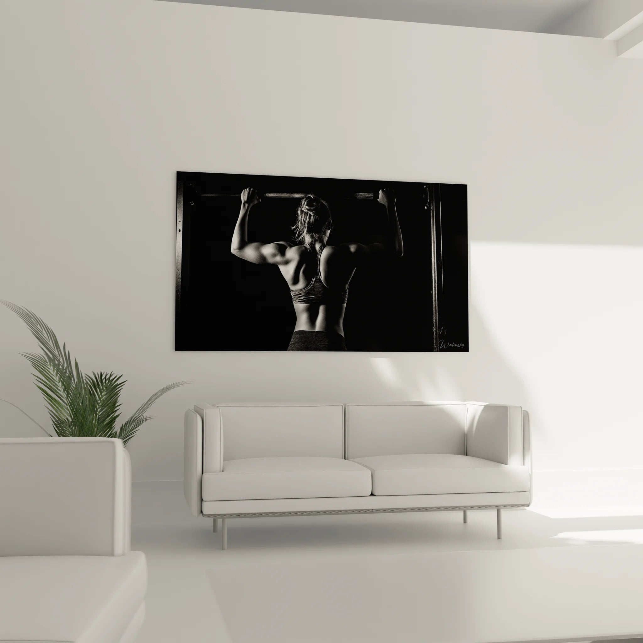 Gros plan tableau musculation féminine noir blanc détails muscles dos art fitness