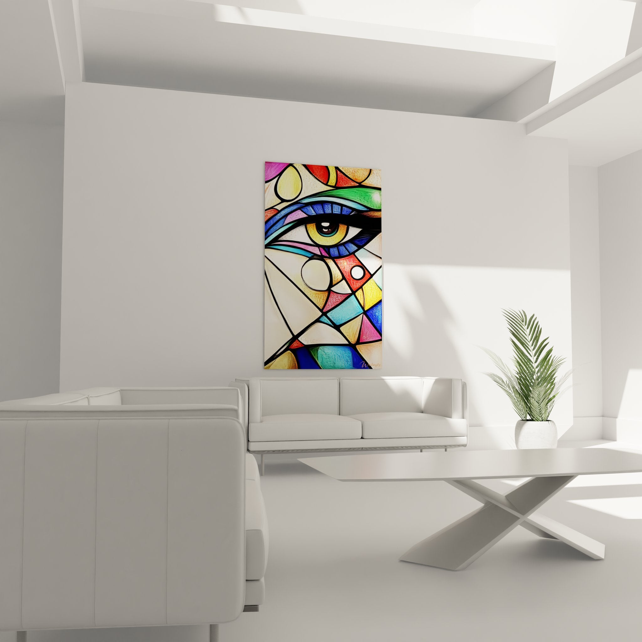 Gros plan tableau œil style vitrail détails couleurs géométriques rouge bleu vert jaune art mural