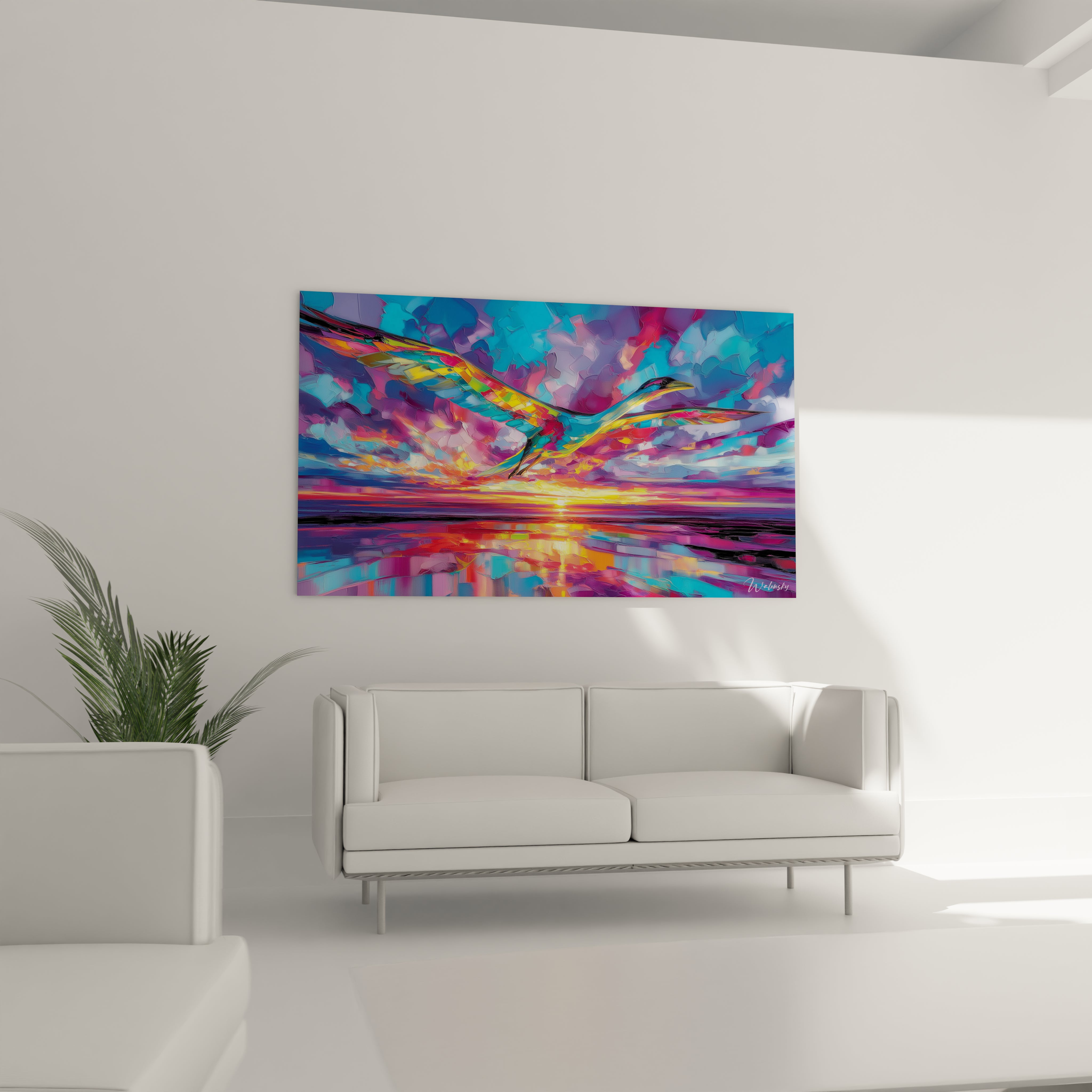 Gros plan tableau oiseau multicolore - détails couleurs vives art contemporain