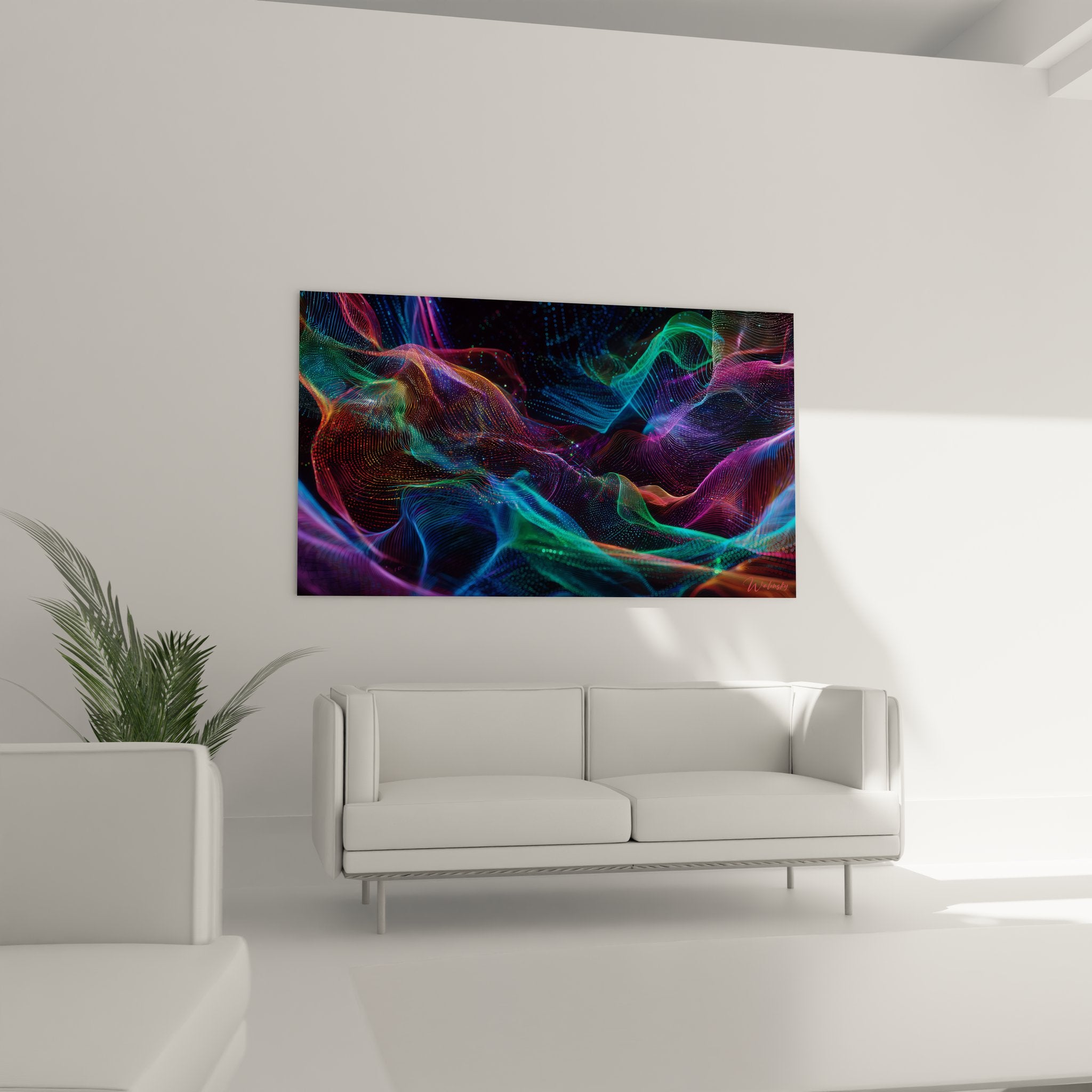 Gros plan détails tableau ondes énergétiques particules lumineuses couleurs fluorescentes