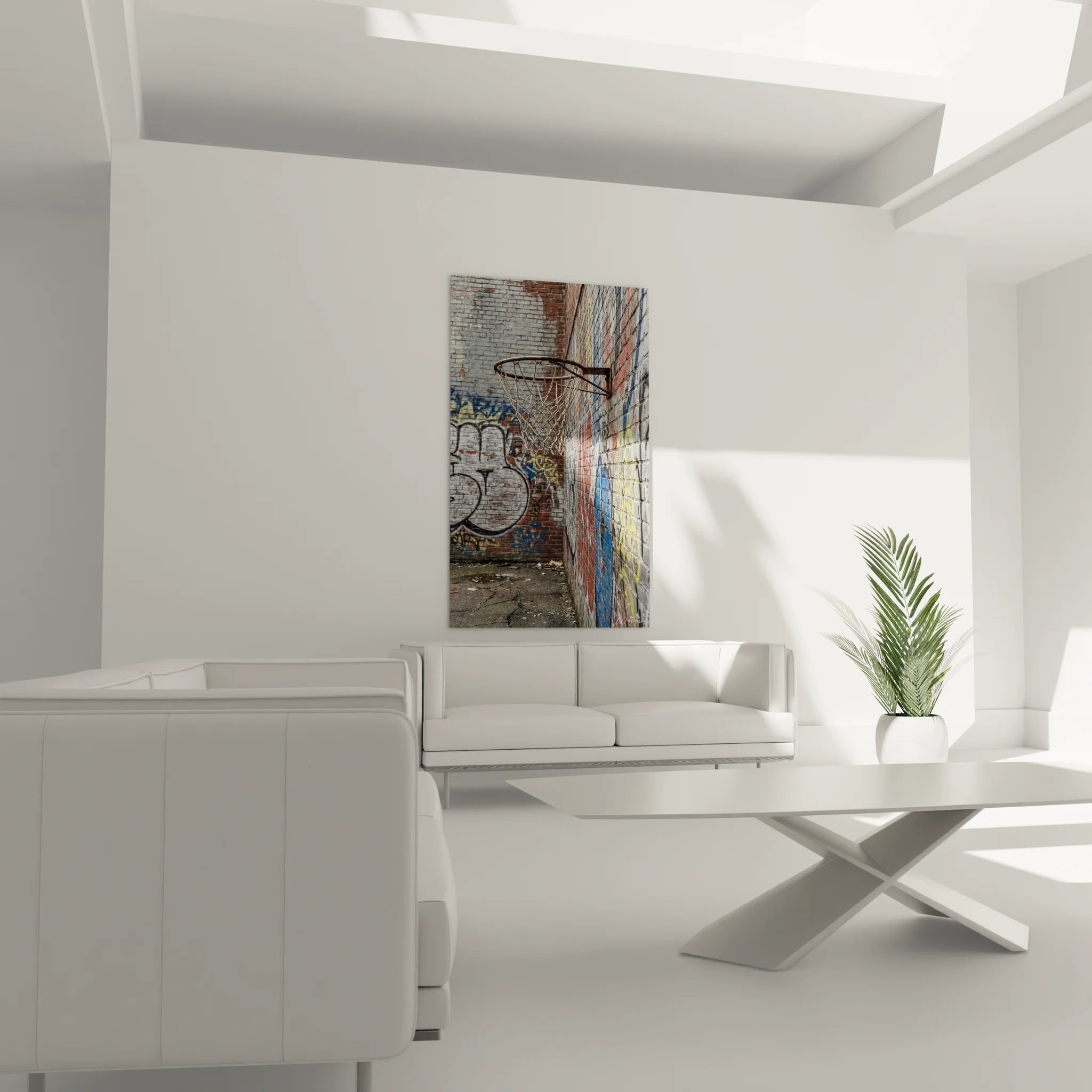 Gros plan tableau panier basketball urbain détail graffiti coloré mur brique street art