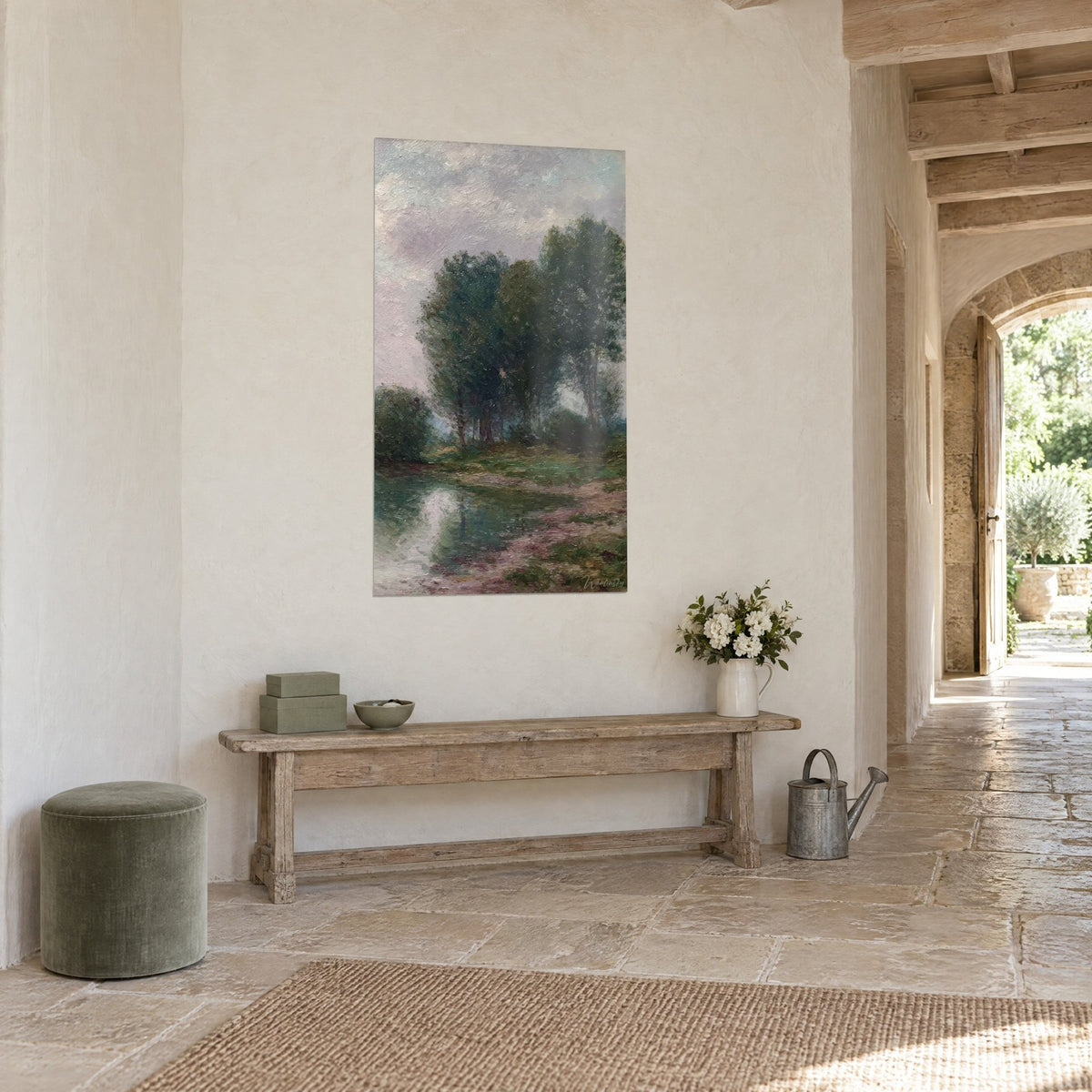 Tableau rivière tranquille aux reflets vert-de-gris et au chemin rose pâle, dans un couloir de pierre voûté