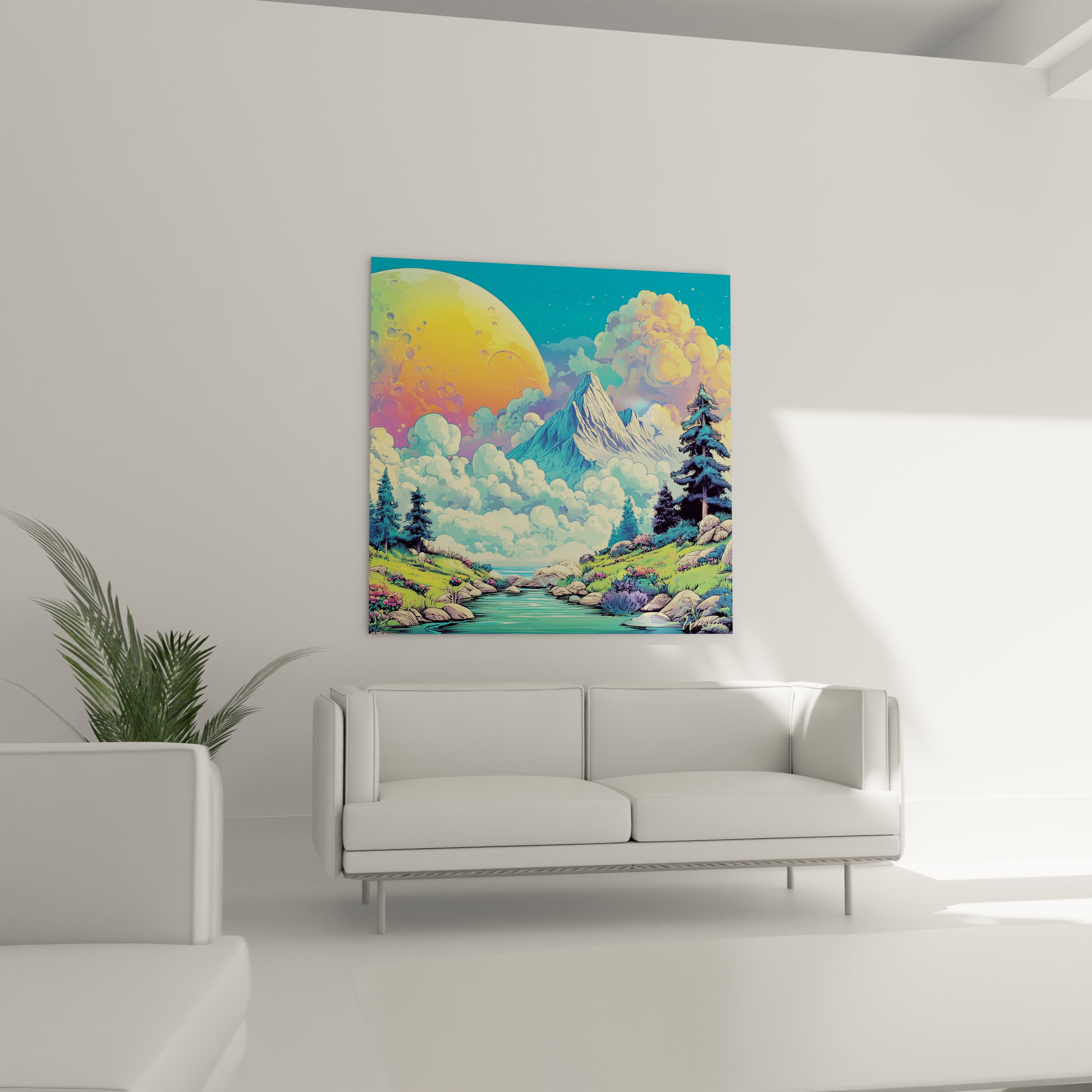 Gros plan détails tableau paysage fantastique montrant planète colorée et nuages magiques