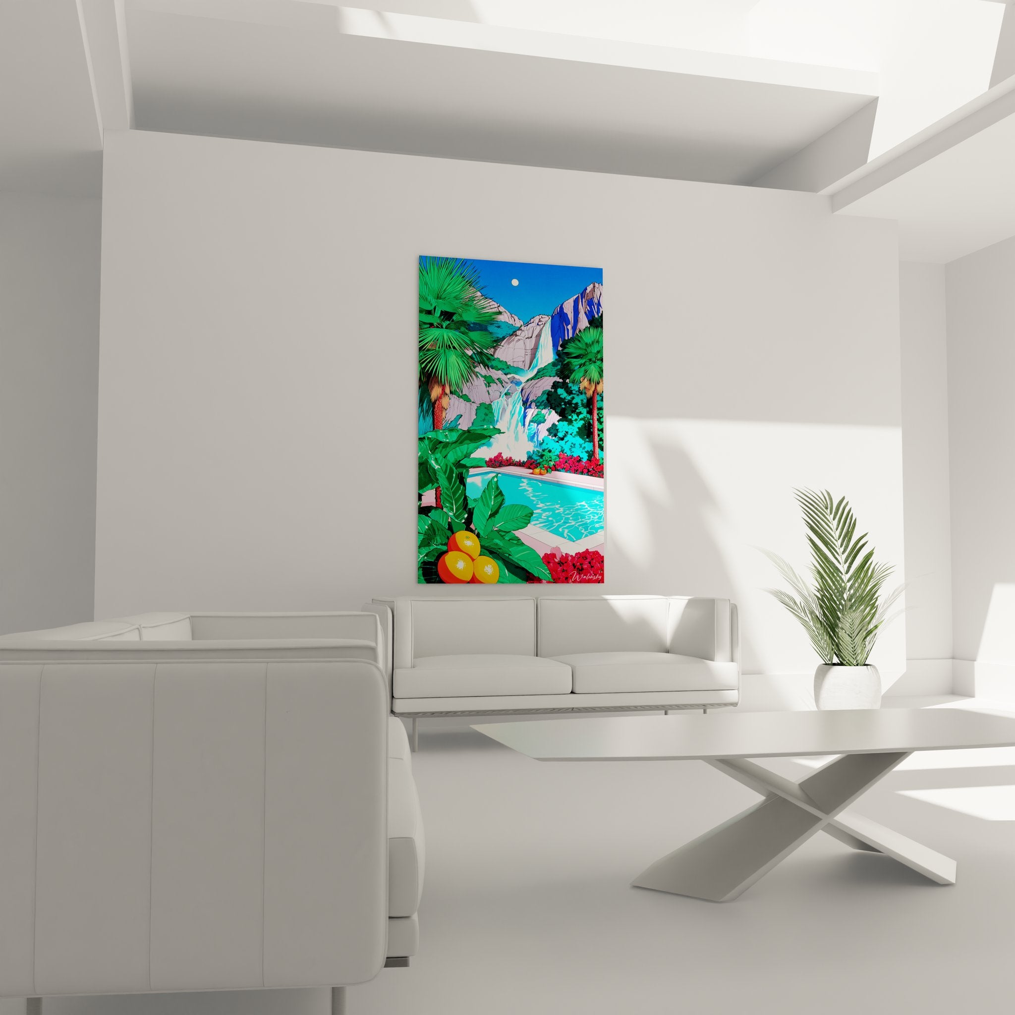 Gros plan tableau piscine tropicale, détails cascade et fleurs exotiques, art mural haute définition