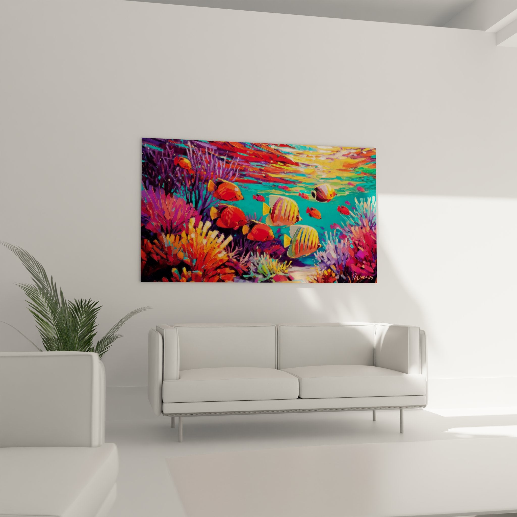 Gros plan tableau fonds marins montrant détails poissons-papillons et coraux aux couleurs vives