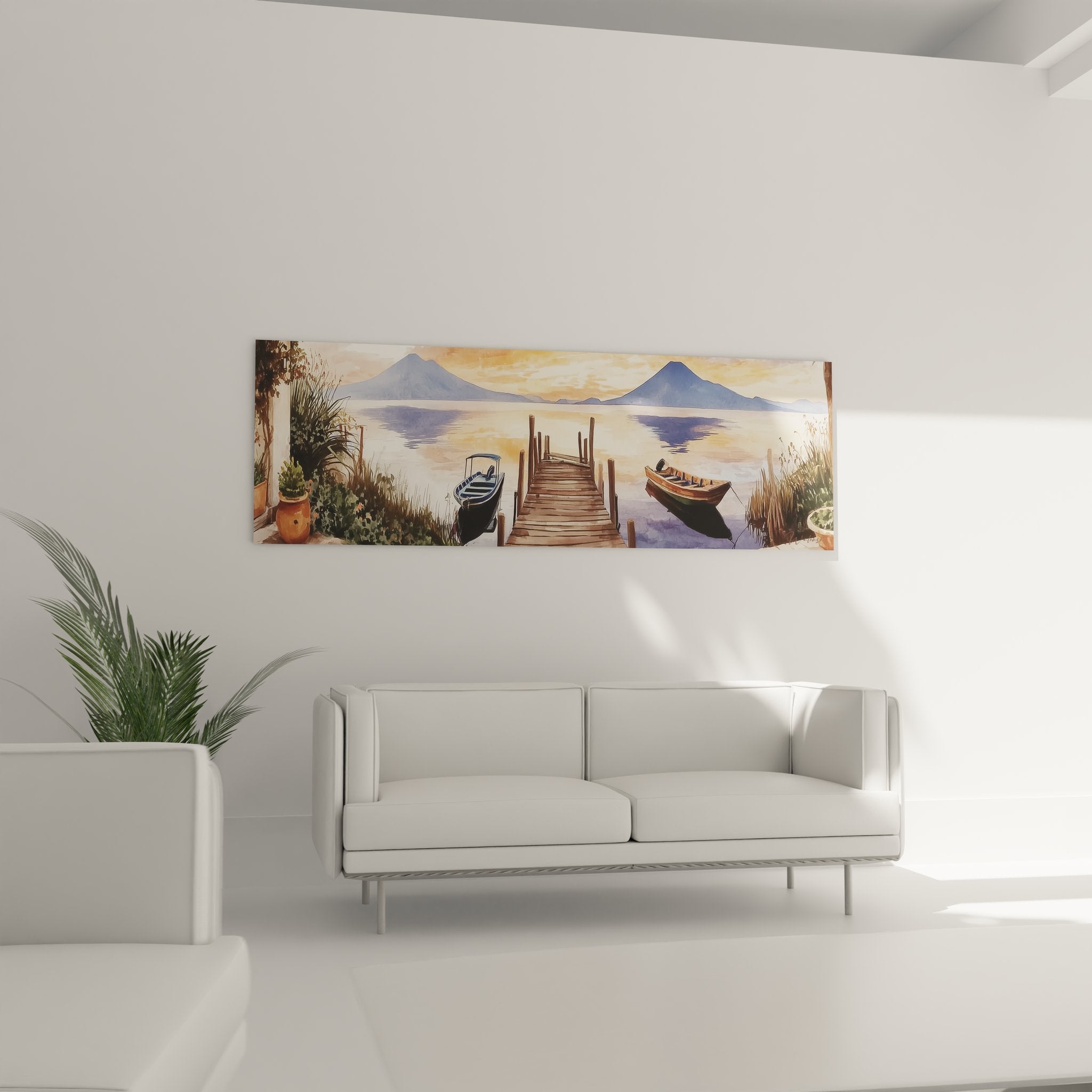 Gros plan tableau ponton lac, détails bateaux traditionnels et reflets dorés sur l'eau