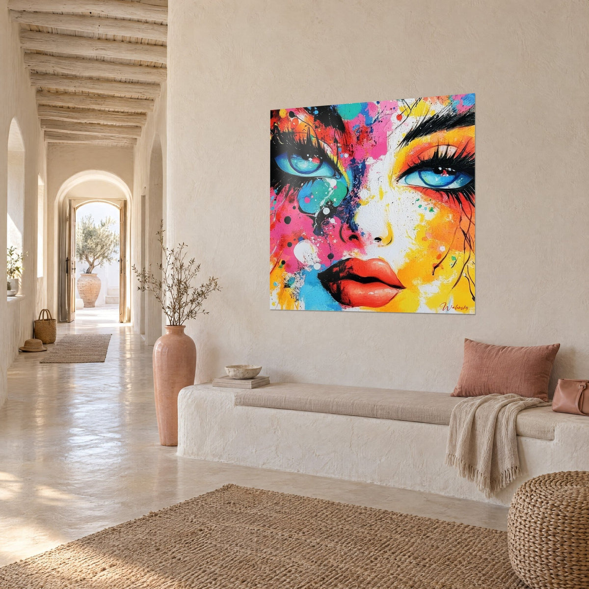 Tableau portrait pop aux paupières cerclées de noir, joue rose fuchsia et front jaune safran, couloir voûté méditerranéen en trois-quarts