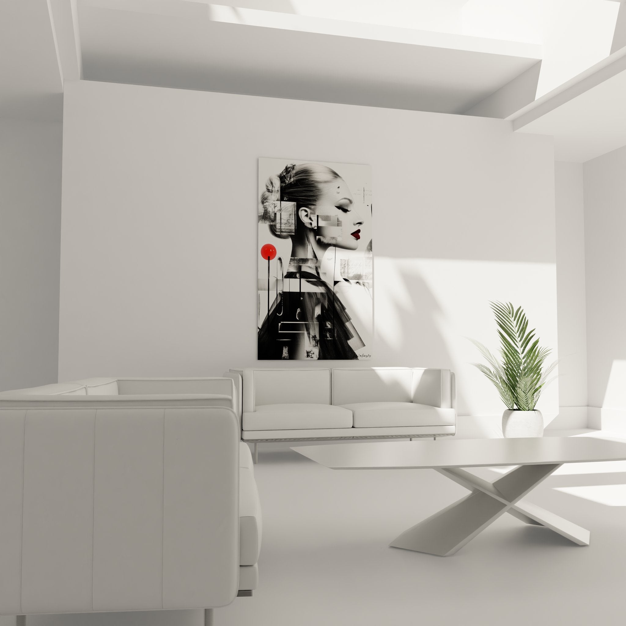 Gros plan tableau portrait femme artistique détails graphiques noir blanc rouge art moderne