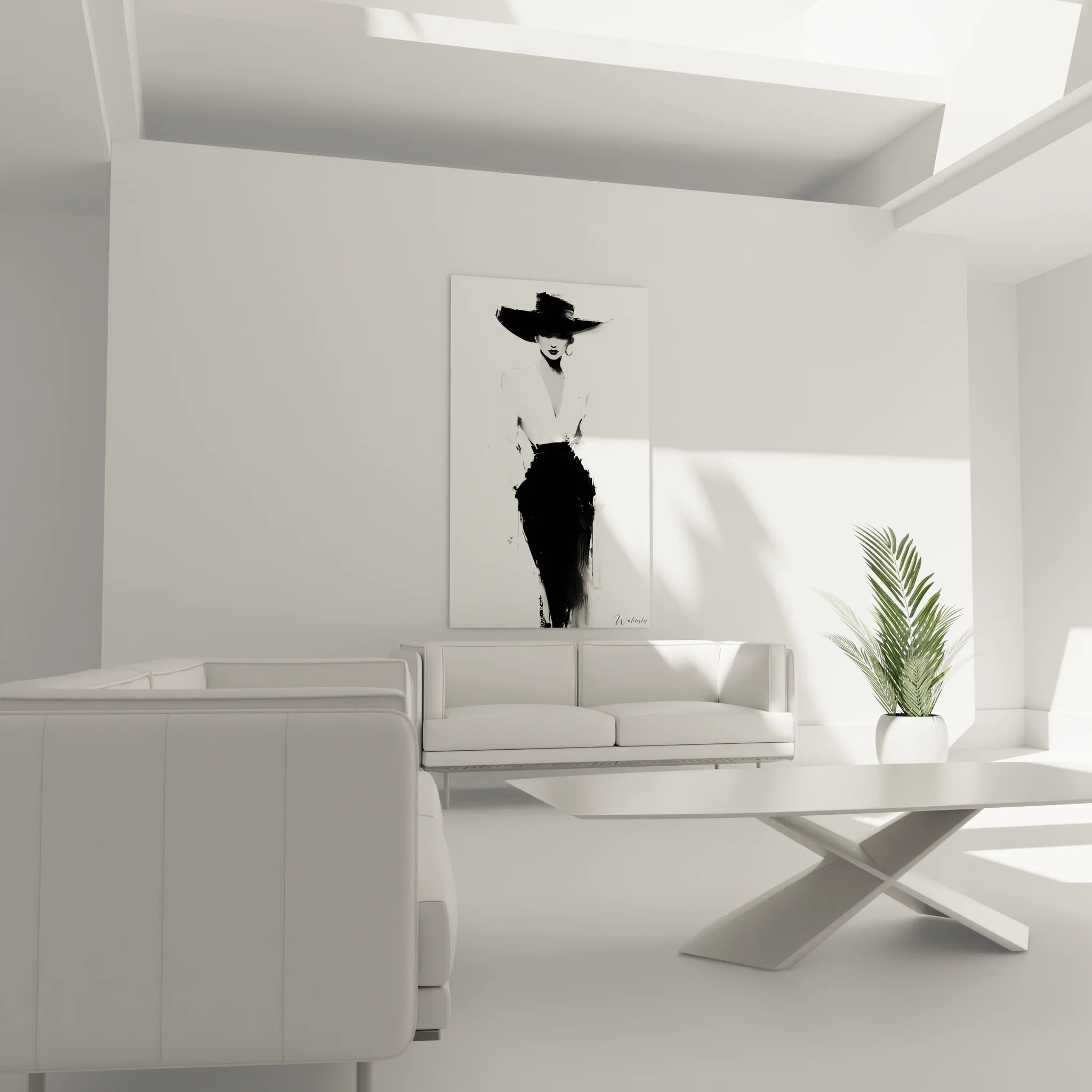 Gros plan tableau portrait femme chapeau noir, détails peinture noir et blanc artistique sophistiquée