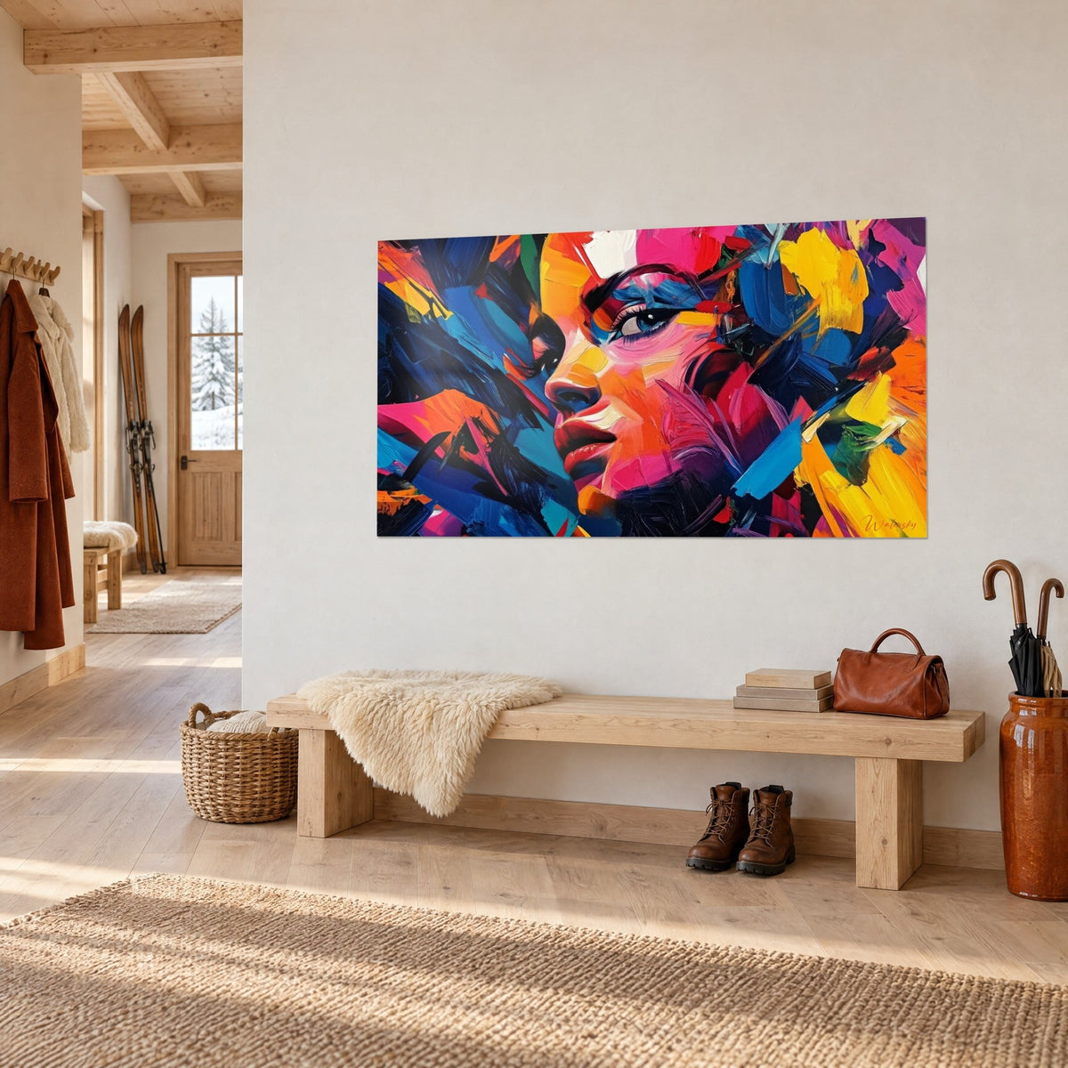 Wall art profile portrait with red lips and orange color blocks on a midnight blue background, on a white wall in a chalet entrance