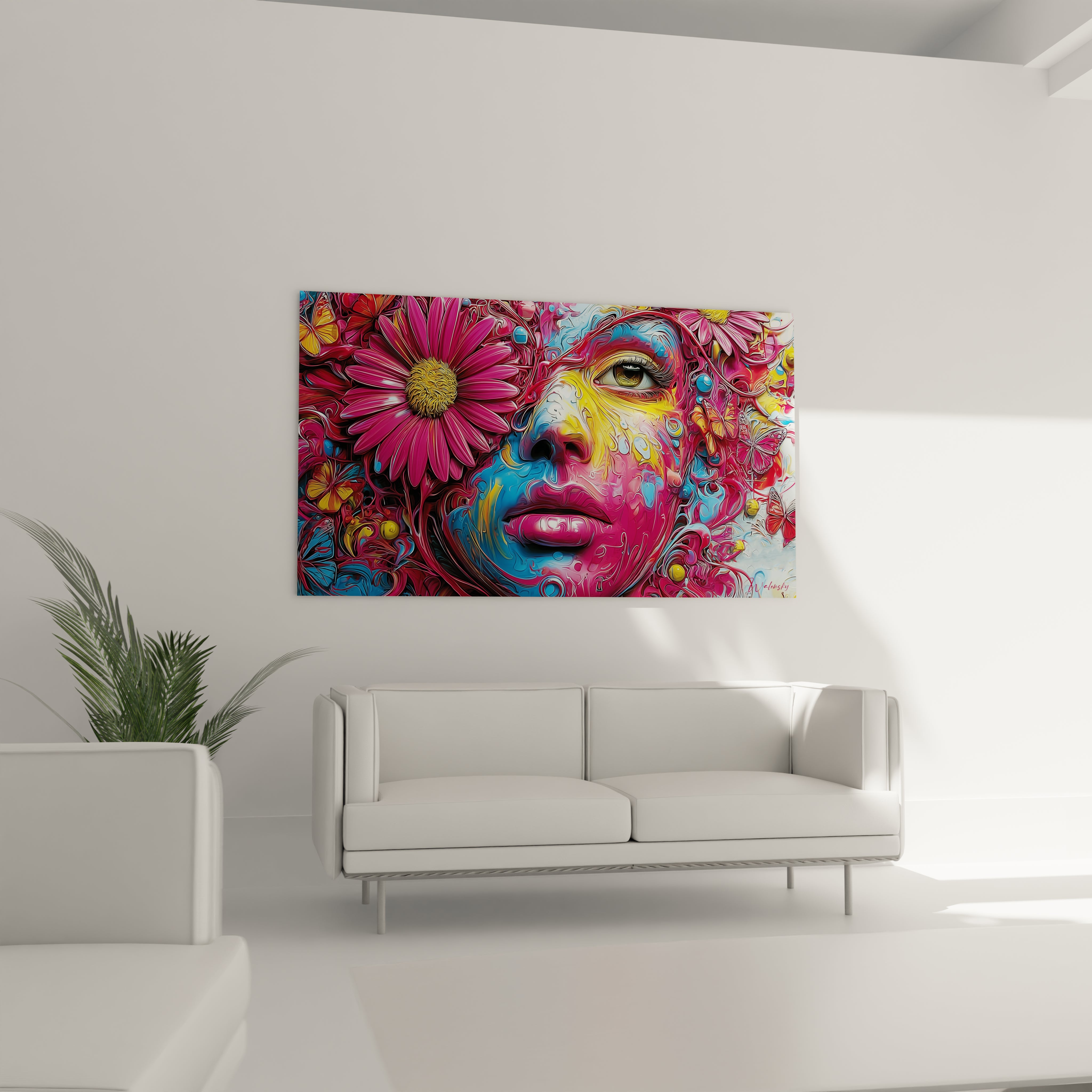 Gros plan tableau portrait femme fleurs psychédéliques détails couleurs vives art moderne décoratif mural