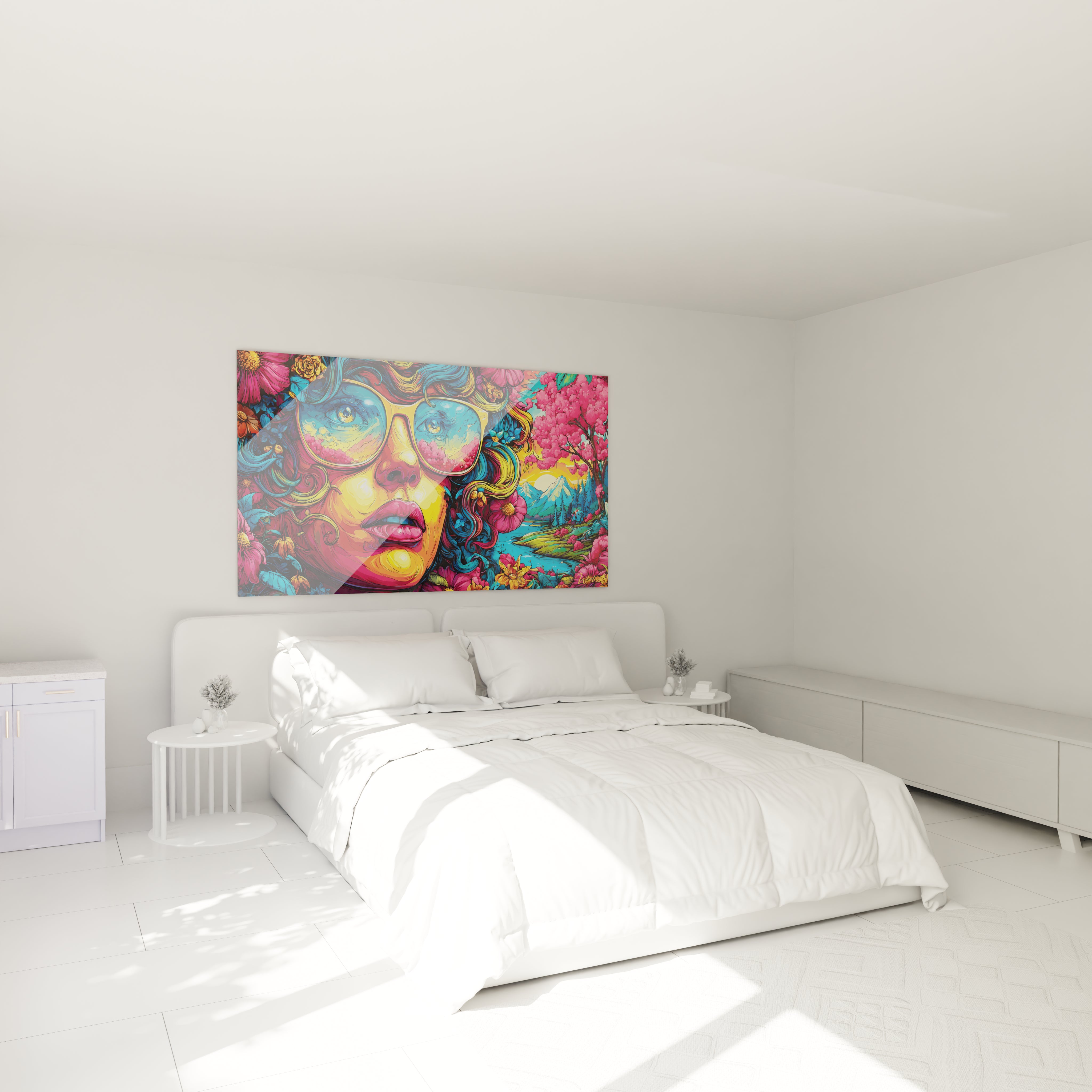 Gros plan tableau portrait femme lunettes reflets floraux roses art psychédélique contemporain détaillé