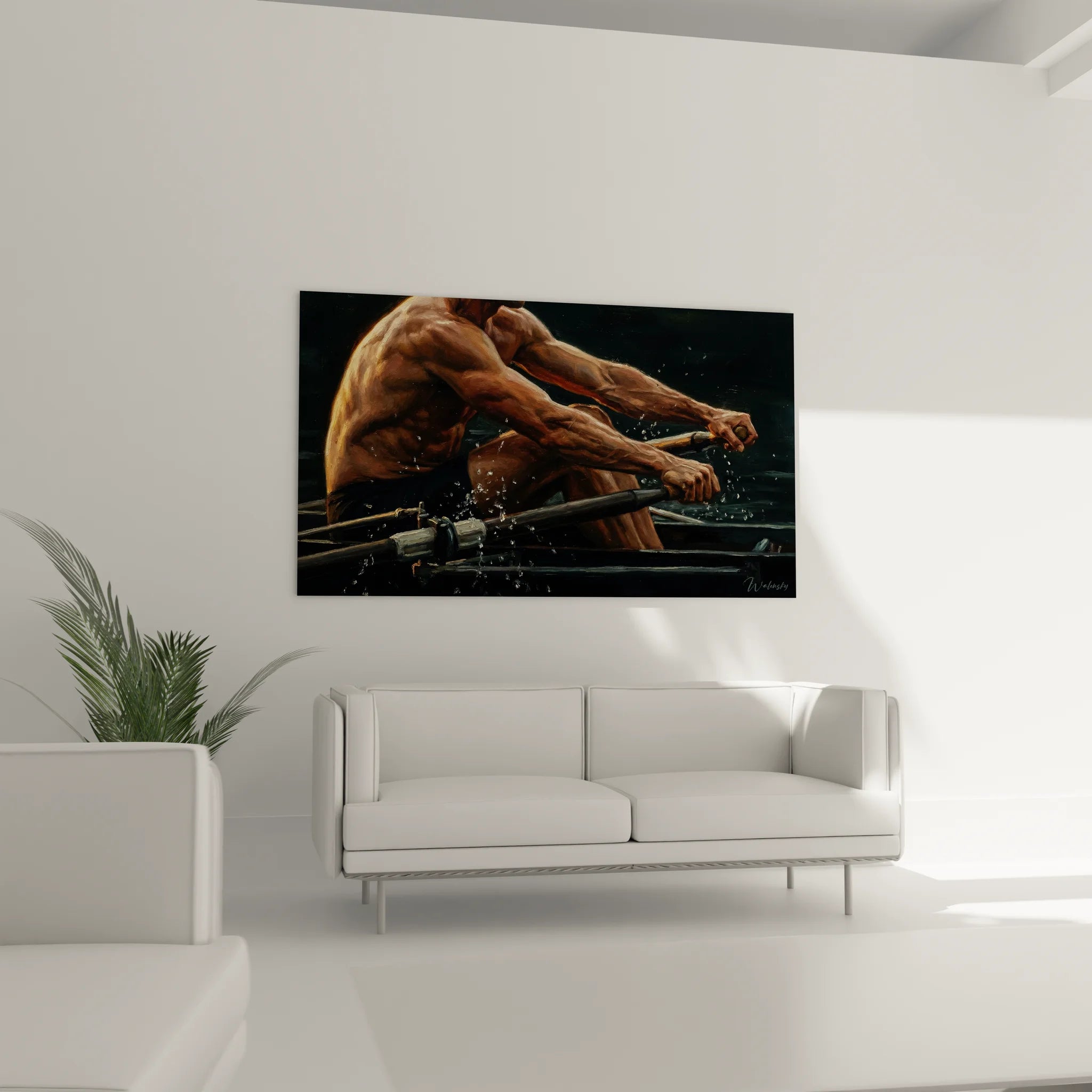 Gros plan tableau rameur montrant details musculature et technique peinture realiste aviron