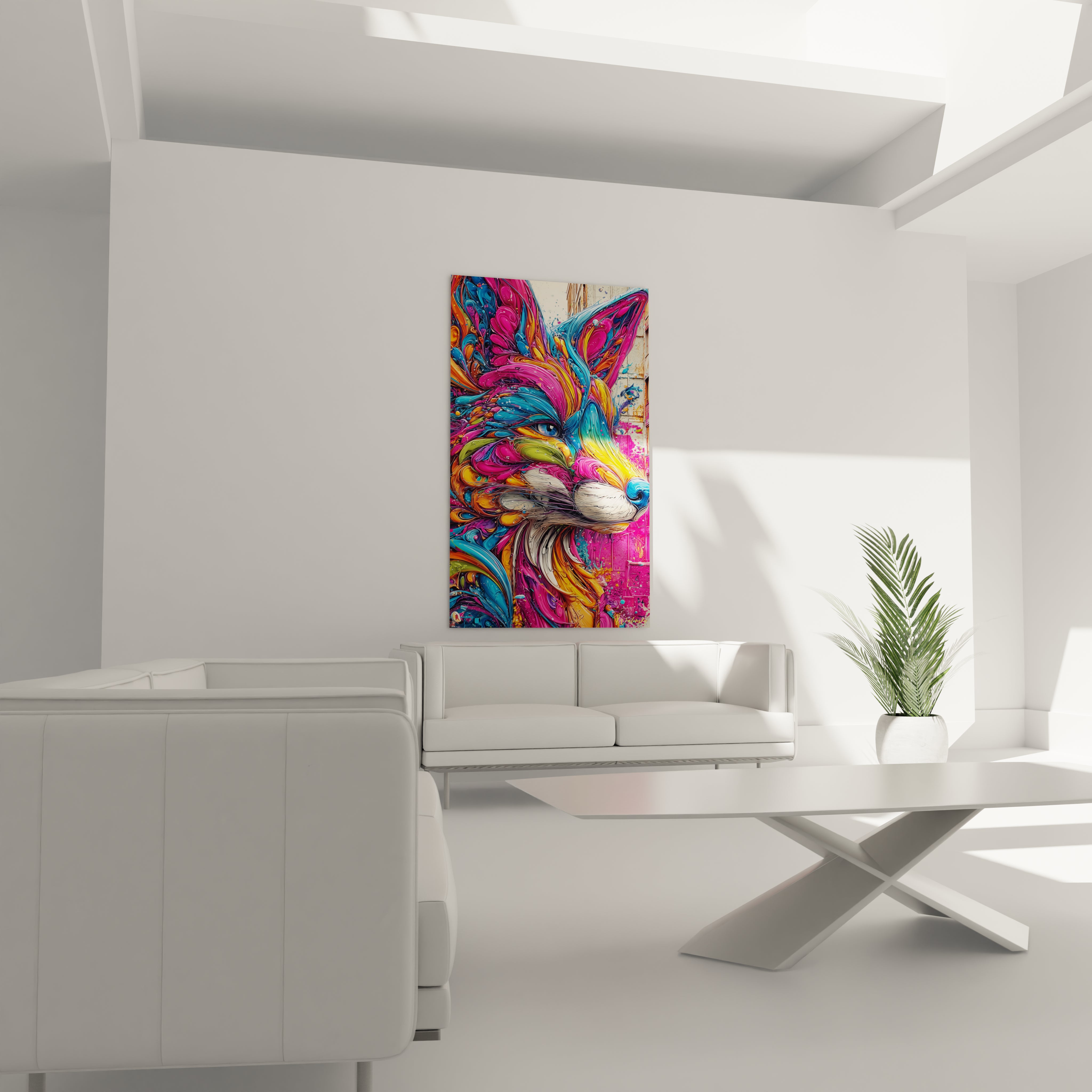 Gros plan tableau renard art moderne, détails couleurs vives rose bleu orange sur toile