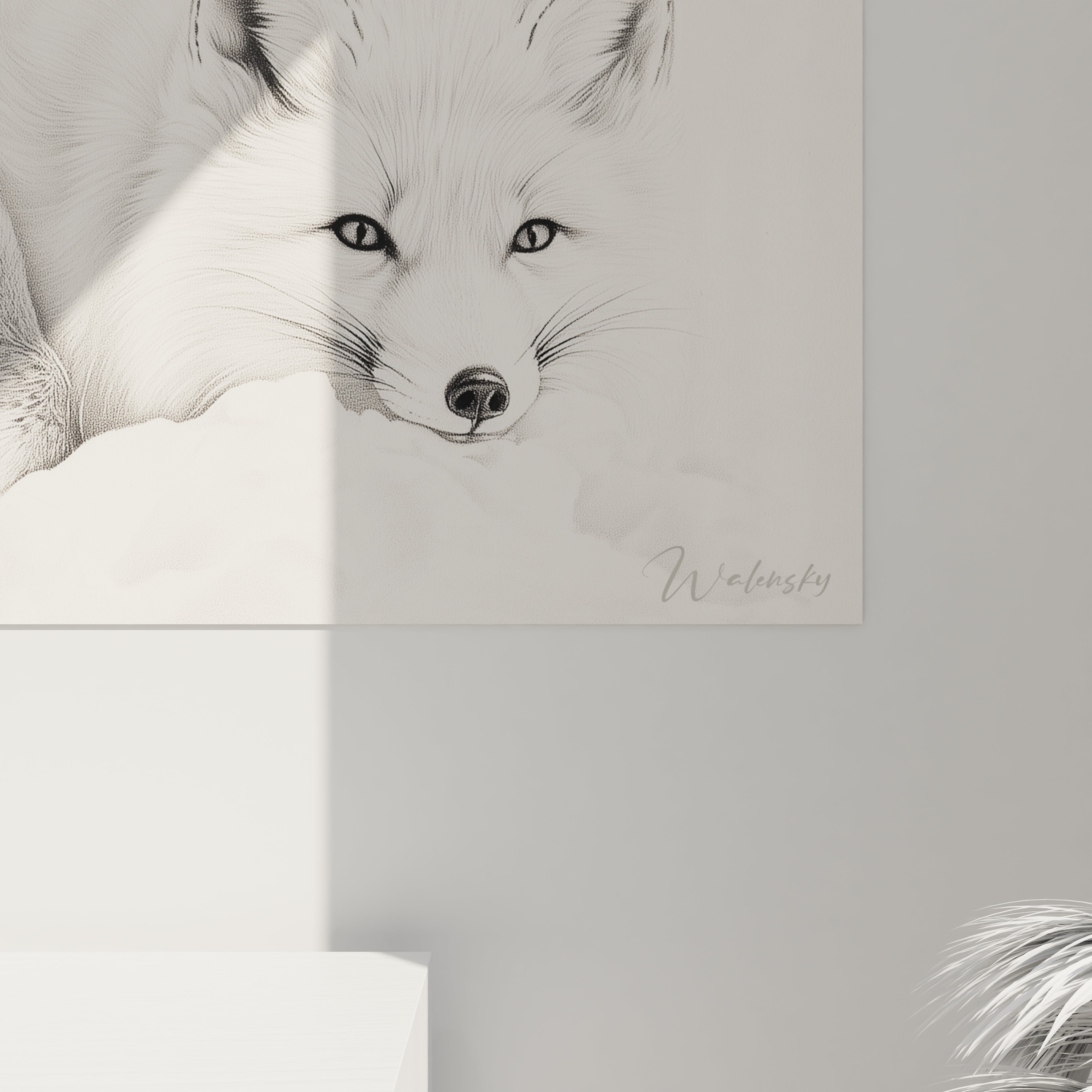 Tableau renard Walensky dessin minimaliste en noir et blanc accroché sur un mur clair