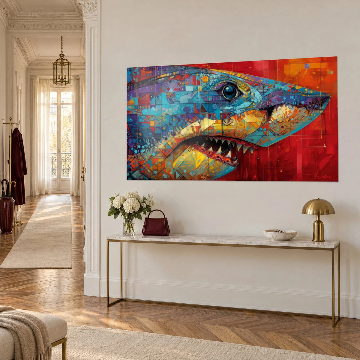 Wall art geometric shark, black eye ringed in blue and red jaw bristling with teeth, on a cream wall, three-quarter view