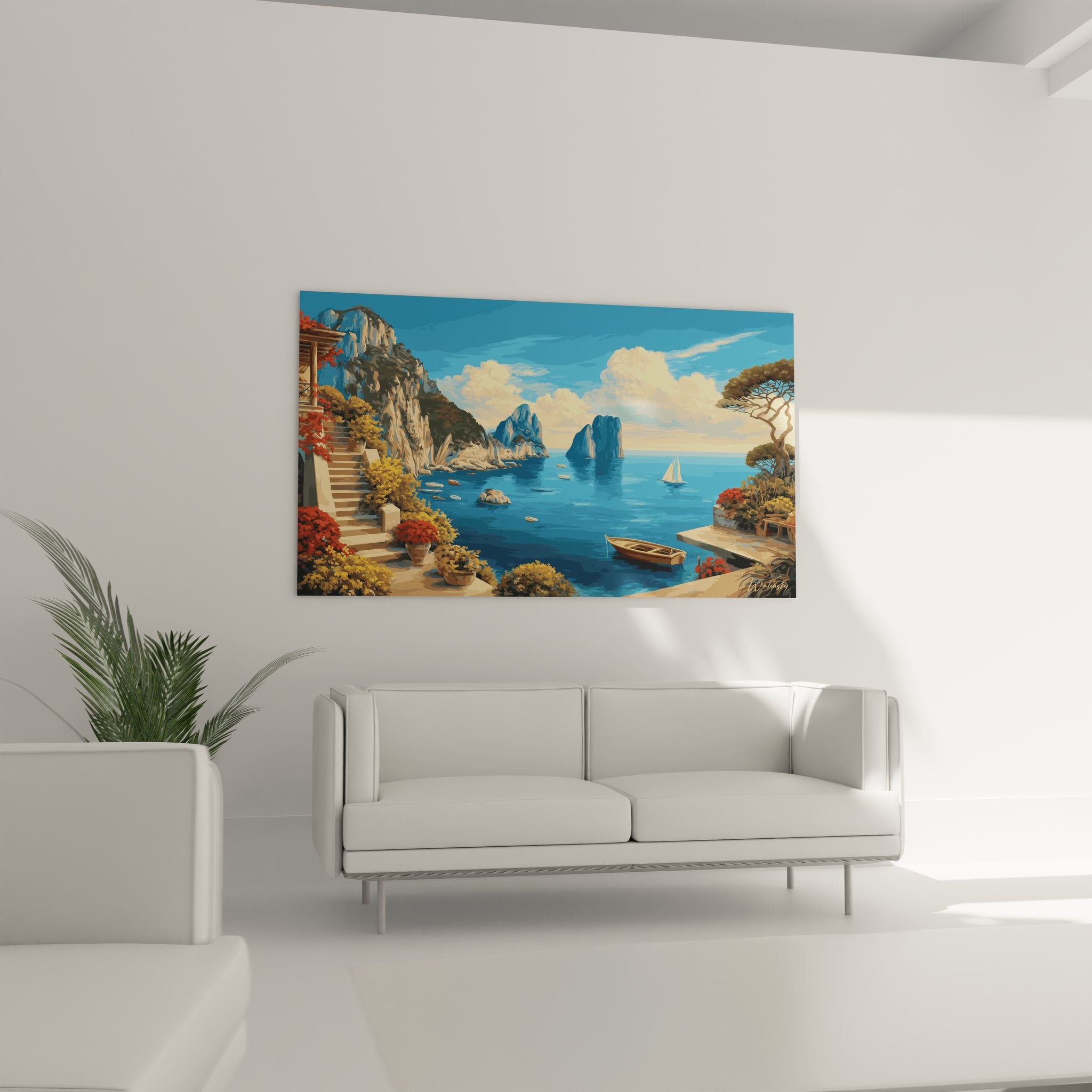 Gros plan tableau côte méditerranéenne, détails rochers calcaires et escaliers en pierre fleuris