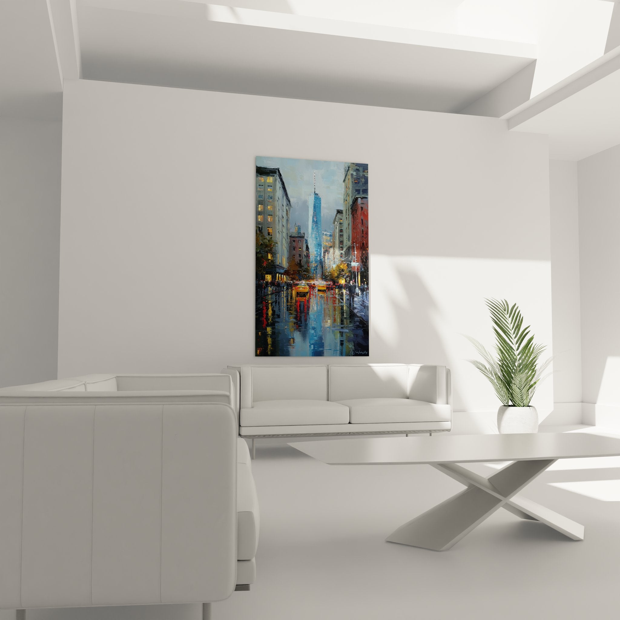 Détail gros plan tableau rue Manhattan, technique picturale reflets sur asphalte mouillé