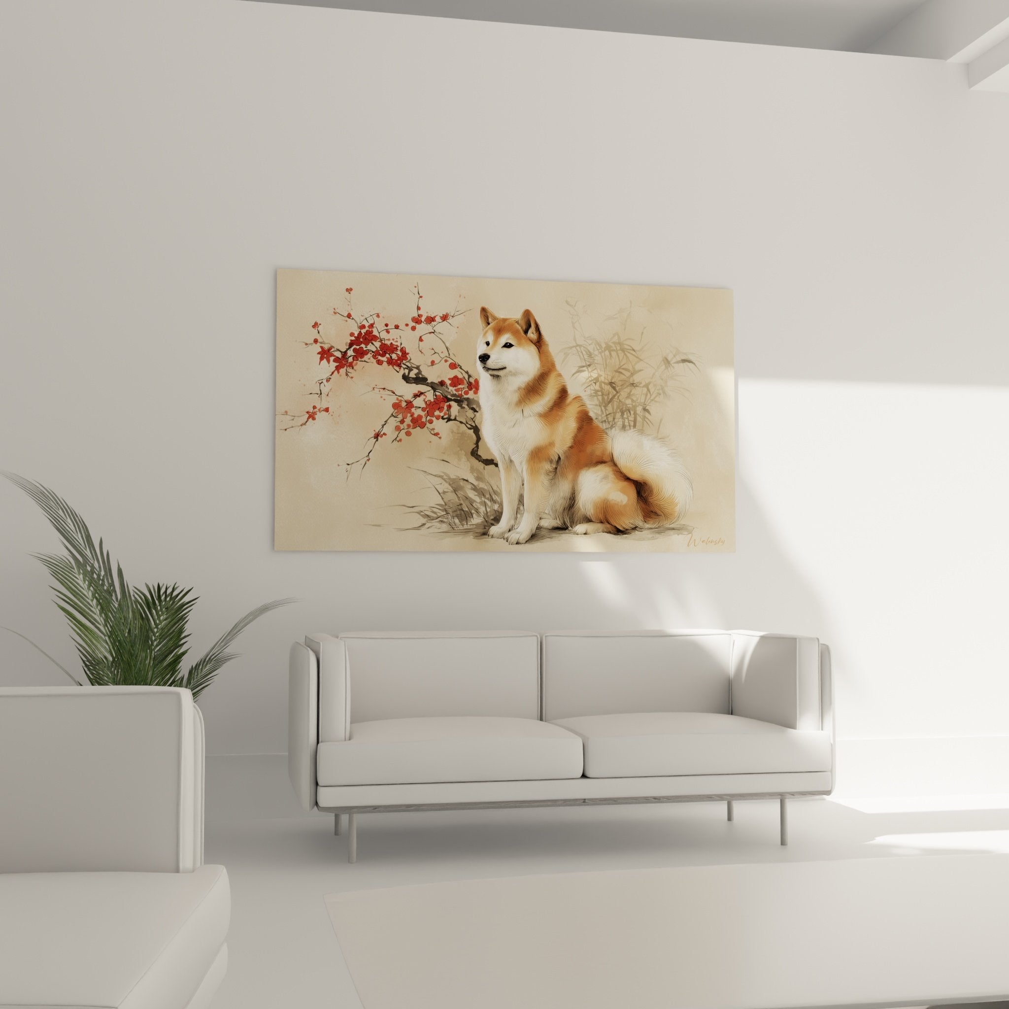 Close-up Shiba Inu fawn coat detailed red vermillion flowers Japanese art