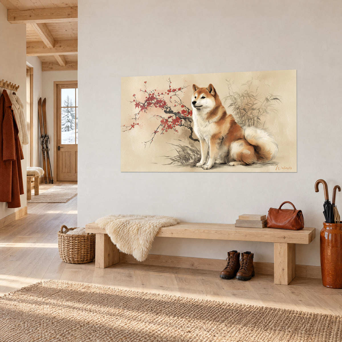 Wall art of a seated Shiba Inu with orange and white coat, carmine cherry branch and beige bamboo, in a wooden chalet entrance