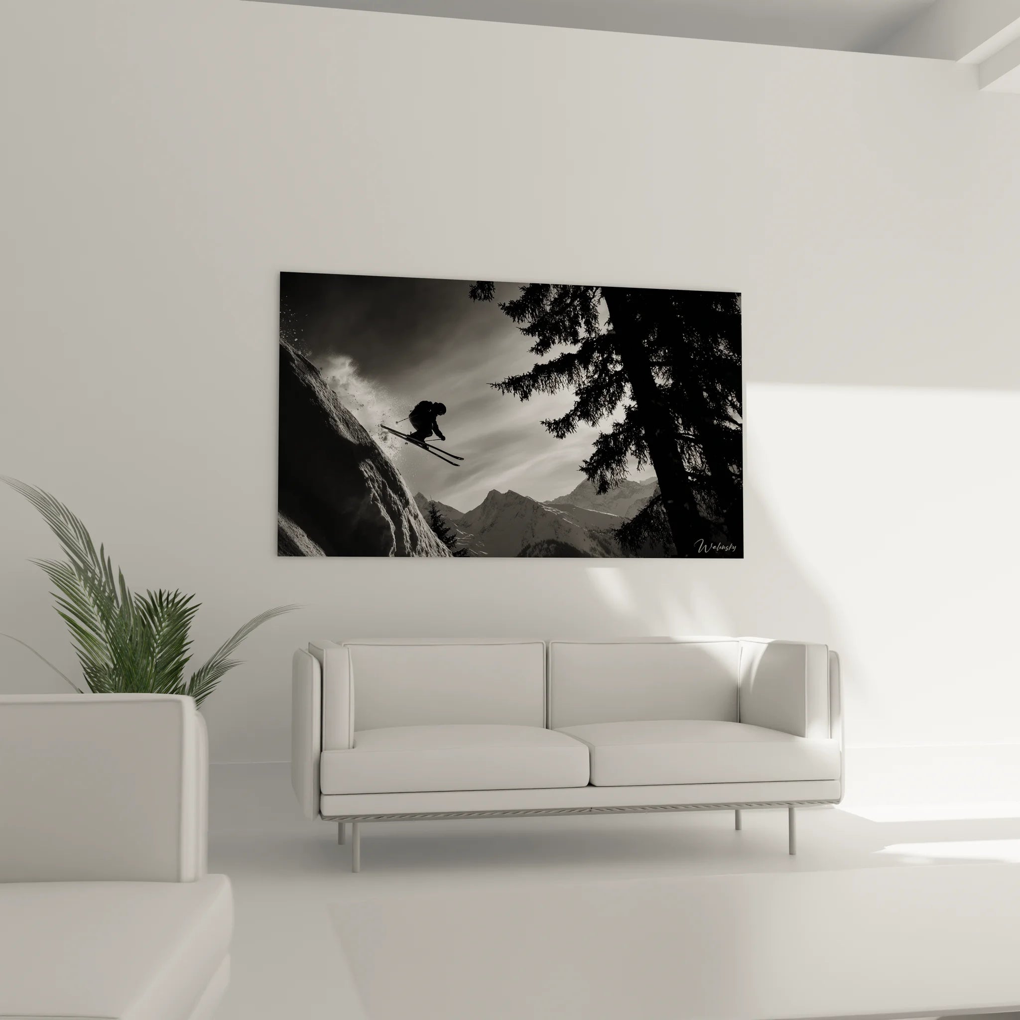 Gros plan tableau skieur acrobatique noir blanc détail qualité impression art mural sport
